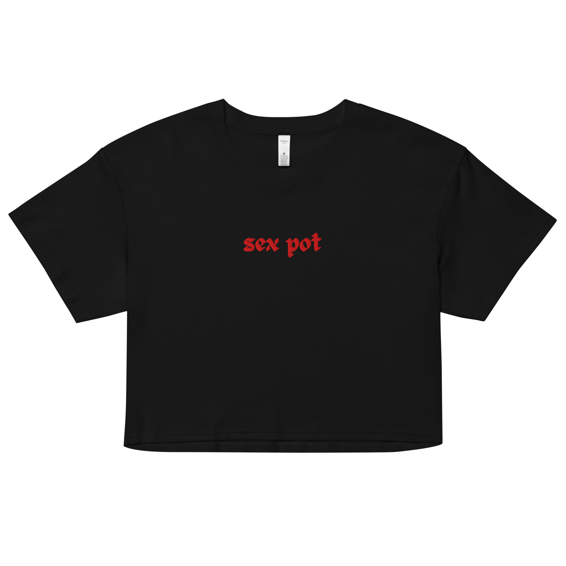 Black crop top with red sex pot text The Sex Pot Crop Top Tee by The Siq Collective