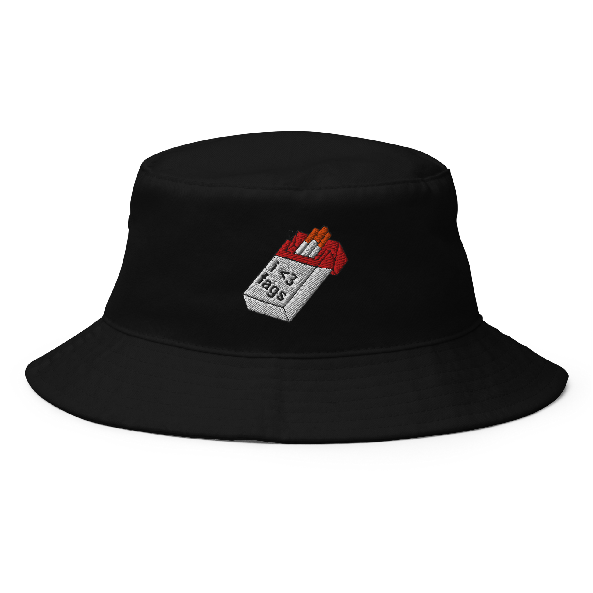 The Siq Collective black Embroidered Bucket Hat with a detailed cigarette pack design on the front