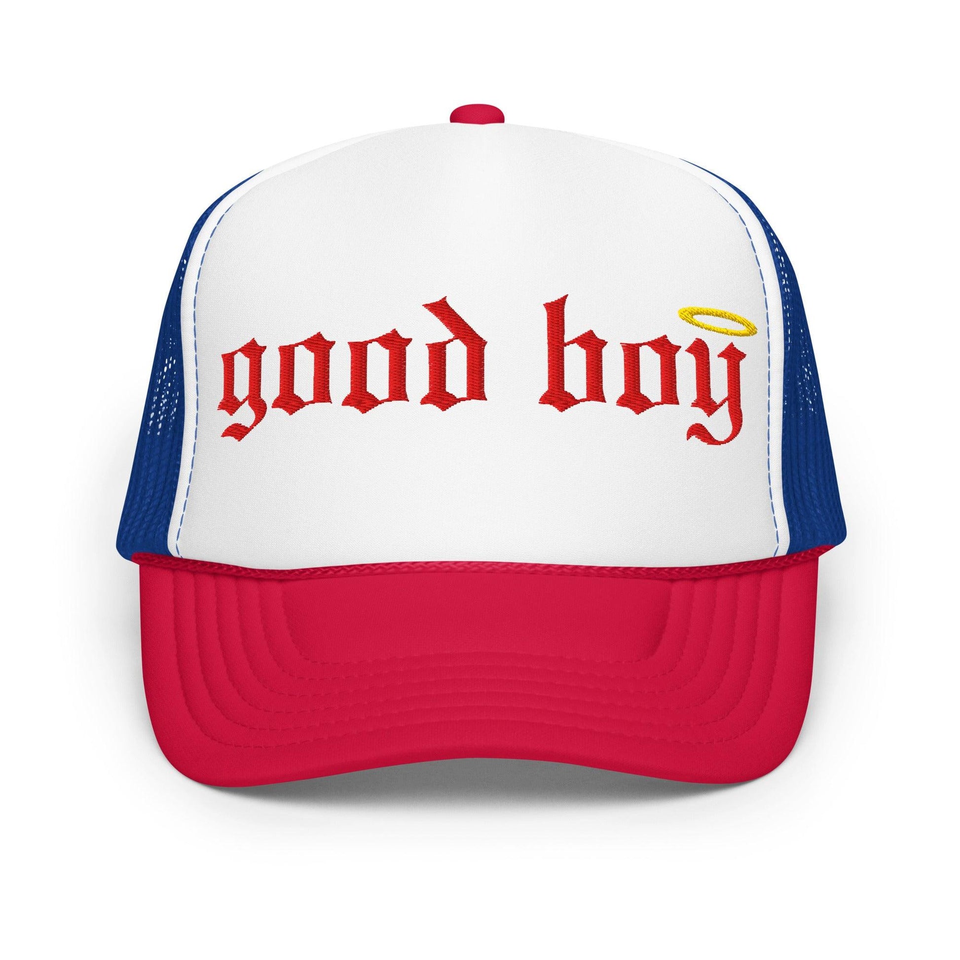 Good boy trucker hat by The Siq Collective with white front, red bill, and blue mesh back