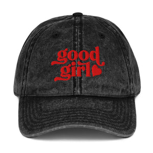 Good girl embroidered denim hat in black with red text and heart design by The Siq Collective