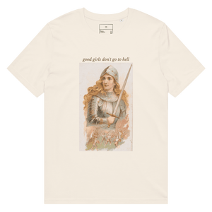 The Siq Collective good girls don't go to hell tee with vintage knight graphic on cream shirt