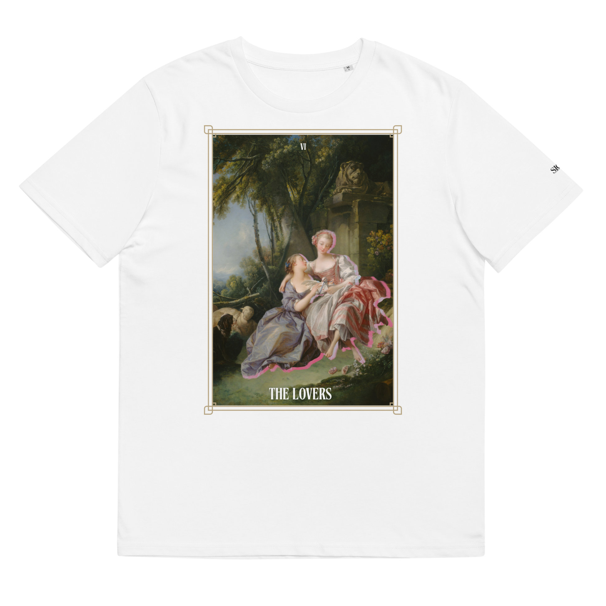 White t-shirt featuring The Sapphic Lovers Tarot Art Tee with classical art print of two women and The Lovers text