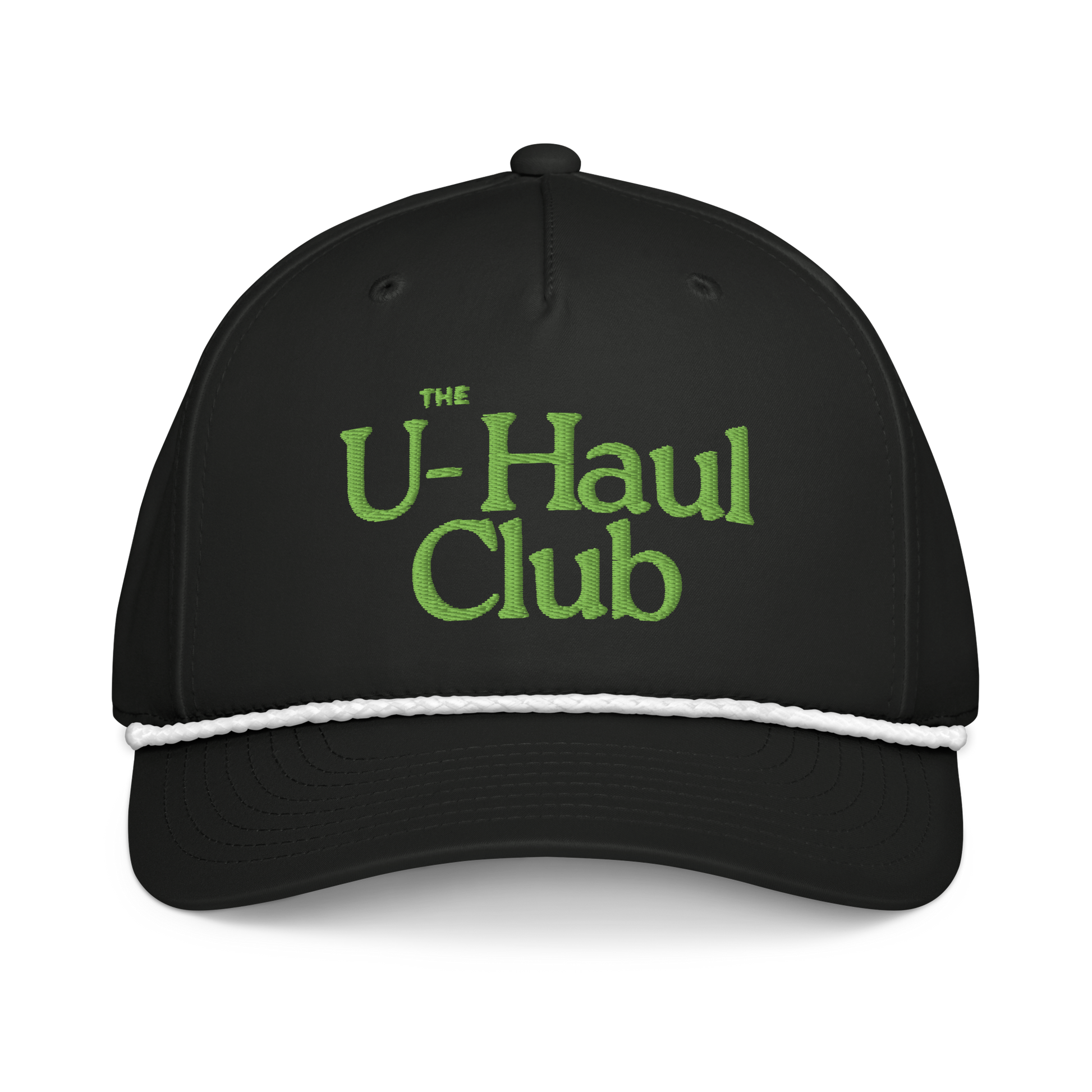 The UHauler's Club Dad Hat in black with green embroidered logo and white trim rope detail