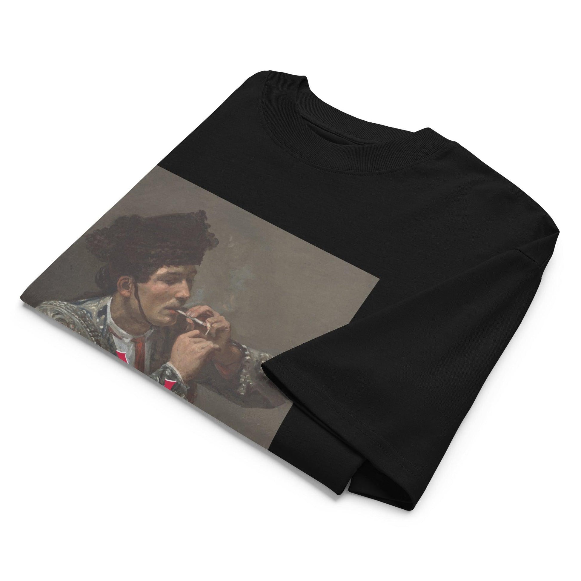Black good boy organic art tee with classical art print of man smoking on front