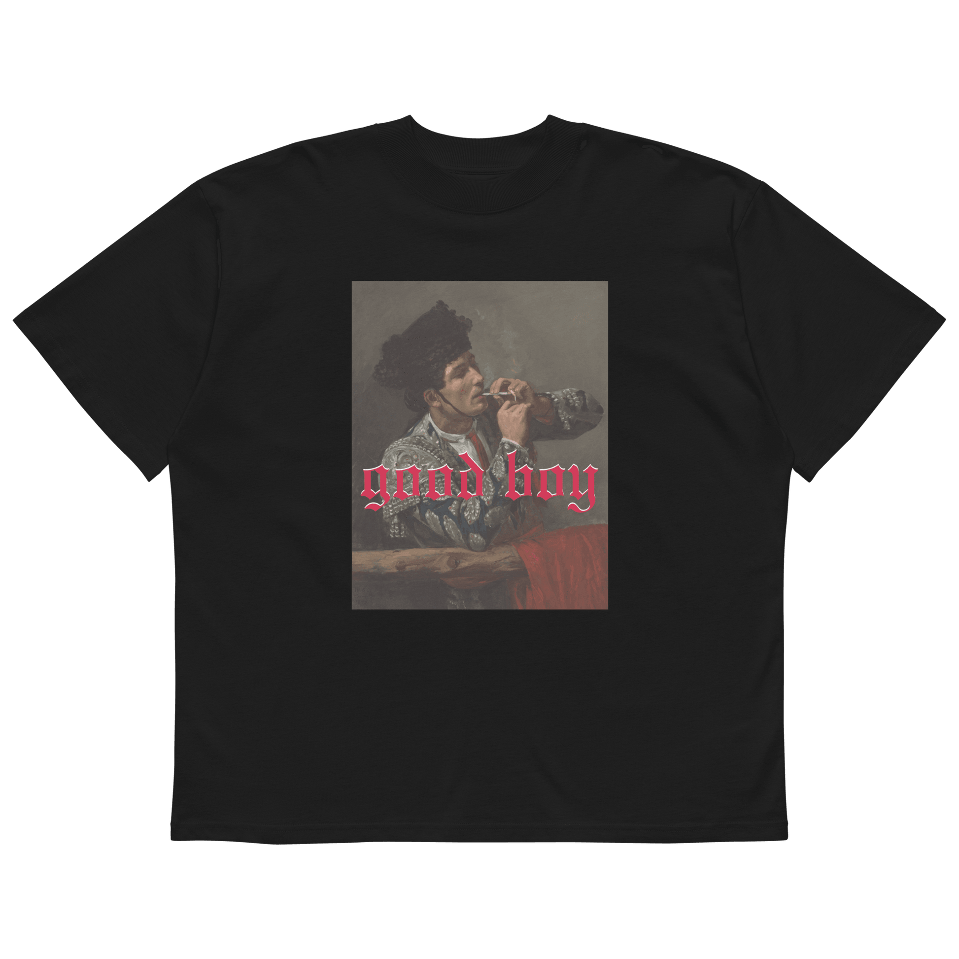 Black t-shirt featuring vintage style art with the words good boy organic art tee in red gothic font