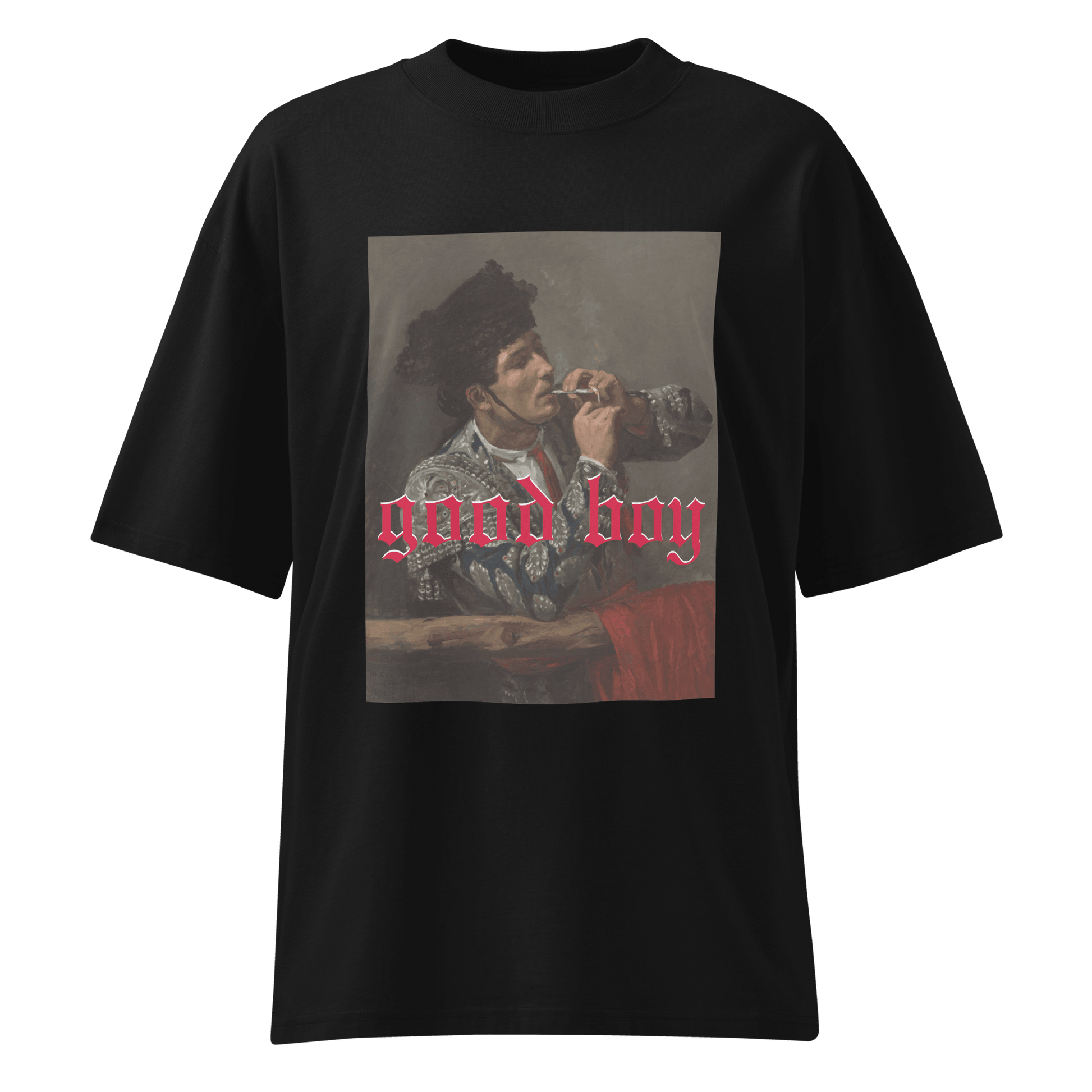 Black good boy organic art tee featuring a vintage-style portrait and red gothic text