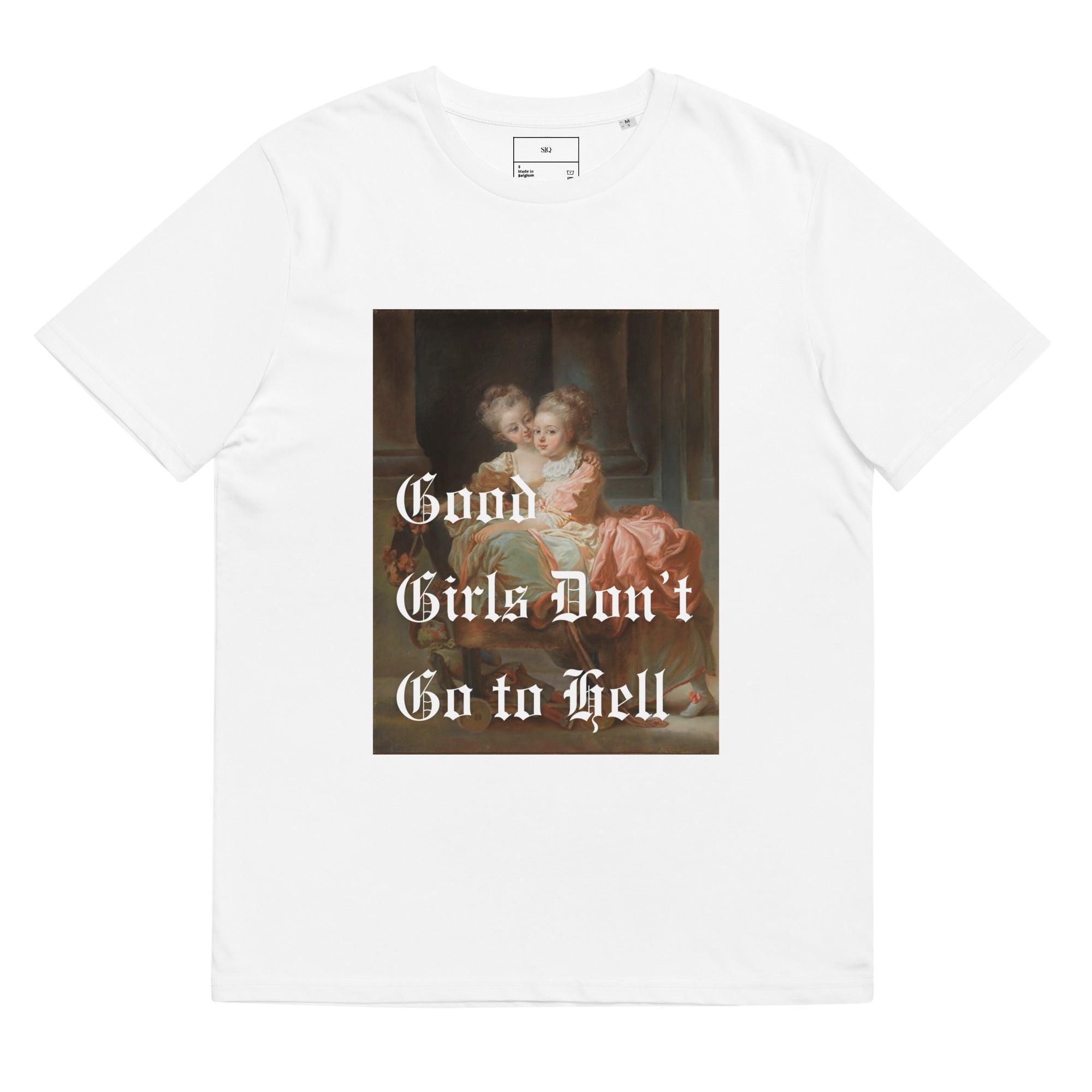 White t-shirt featuring vintage painting and text GOOD GIRLS DON'T GO TO HELL SHOW in gothic font