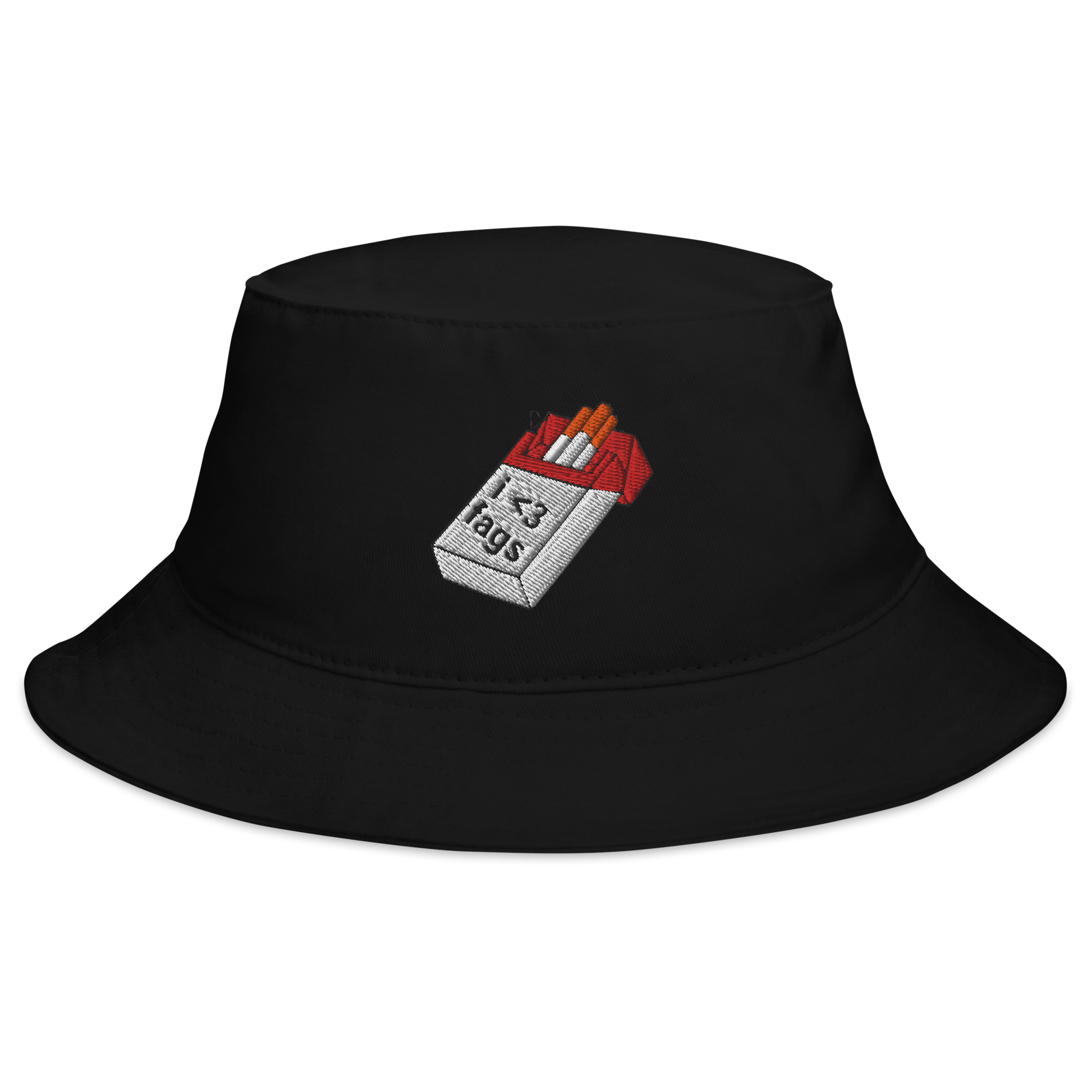 Black Embroidered Bucket Hat by The Siq Collective featuring a colorful cigarette pack design
