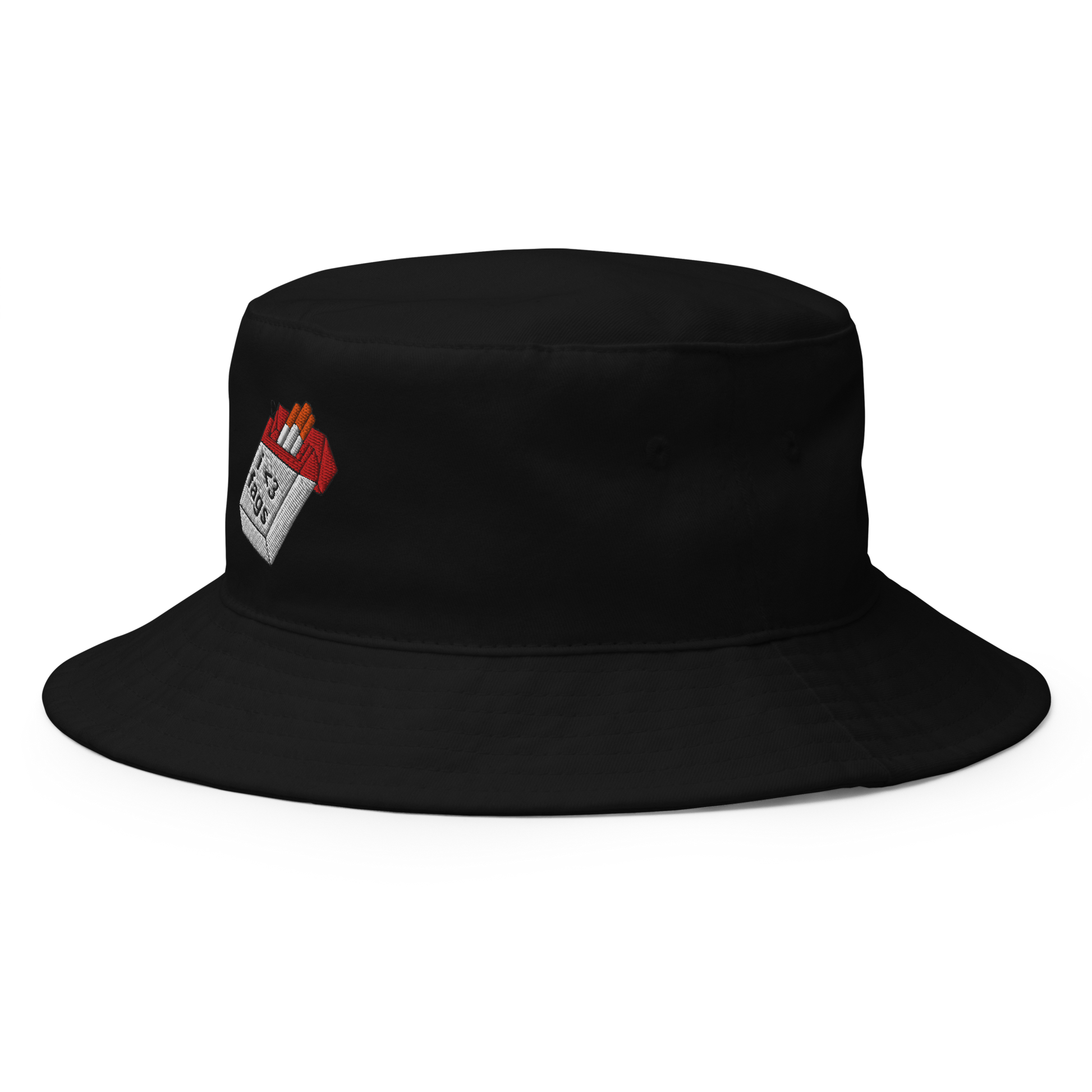 Black embroidered bucket hat by The Siq Collective with a cigarette pack design on the side