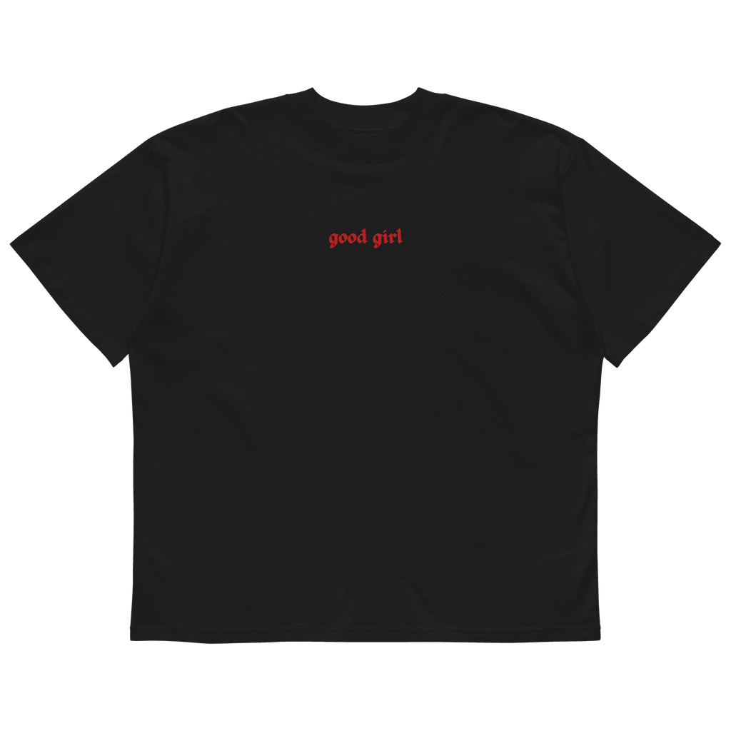 Black unisex t-shirt with red embroidered Good Girl Tee text on the front by The Siq Collective