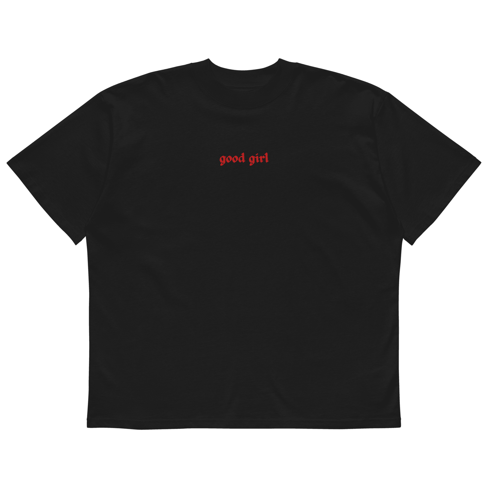 Black unisex t-shirt with red embroidered Good Girl Tee text on the front by The Siq Collective