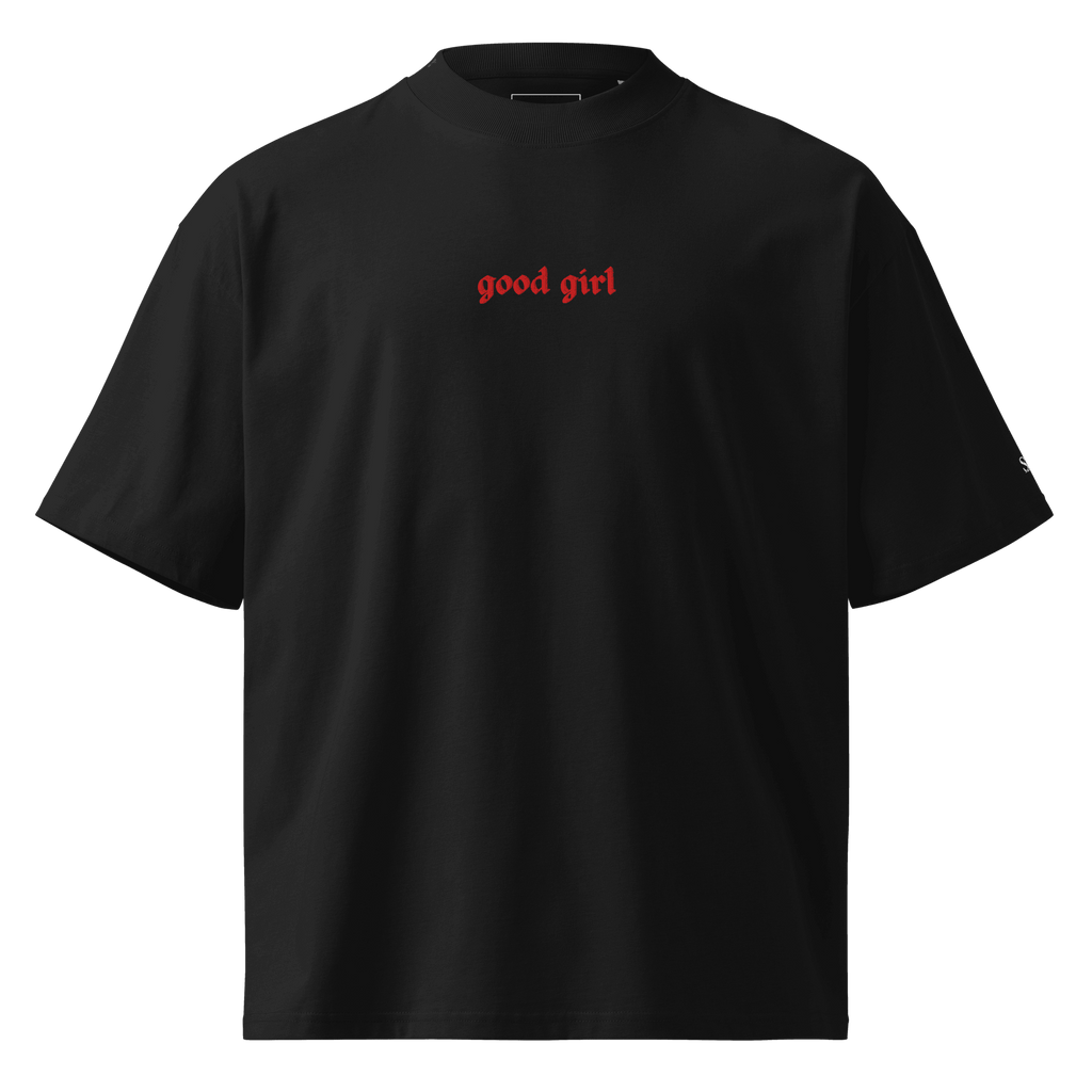 Black oversized Embroidered Good Girl Tee with red lettering by The Siq Collective
