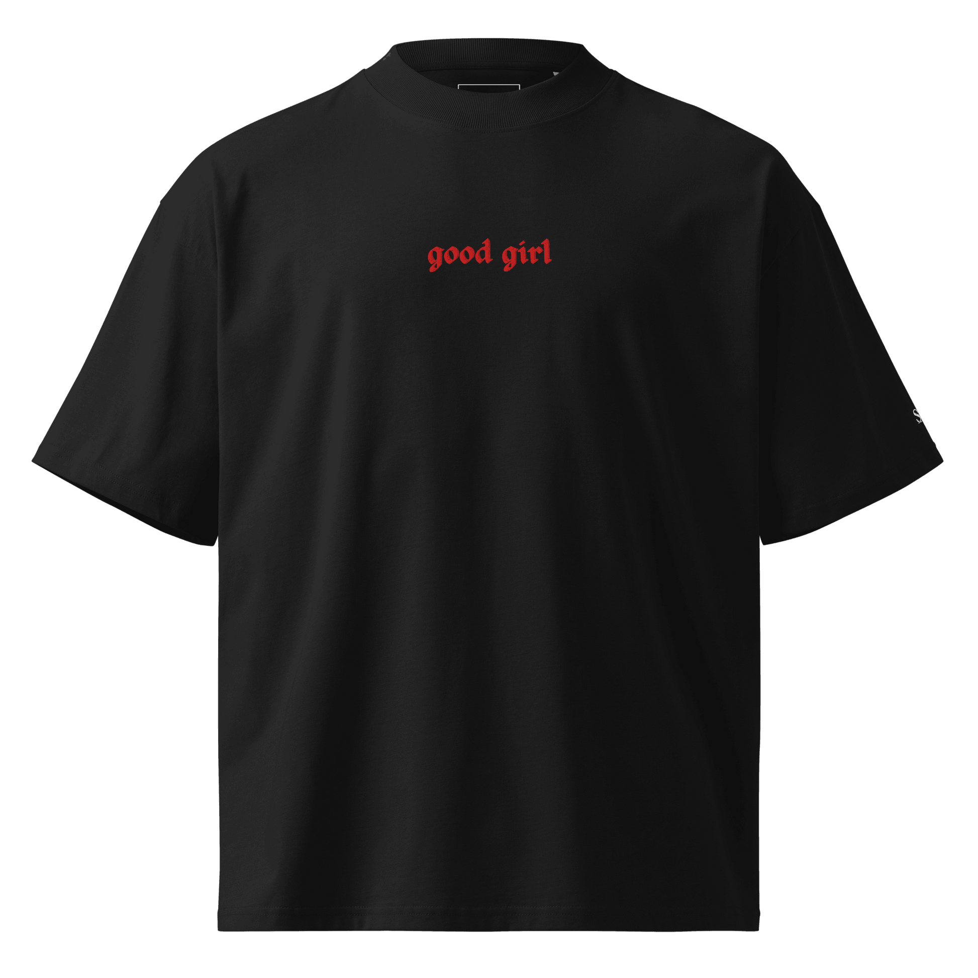 Black oversized Embroidered Good Girl Tee with red lettering by The Siq Collective