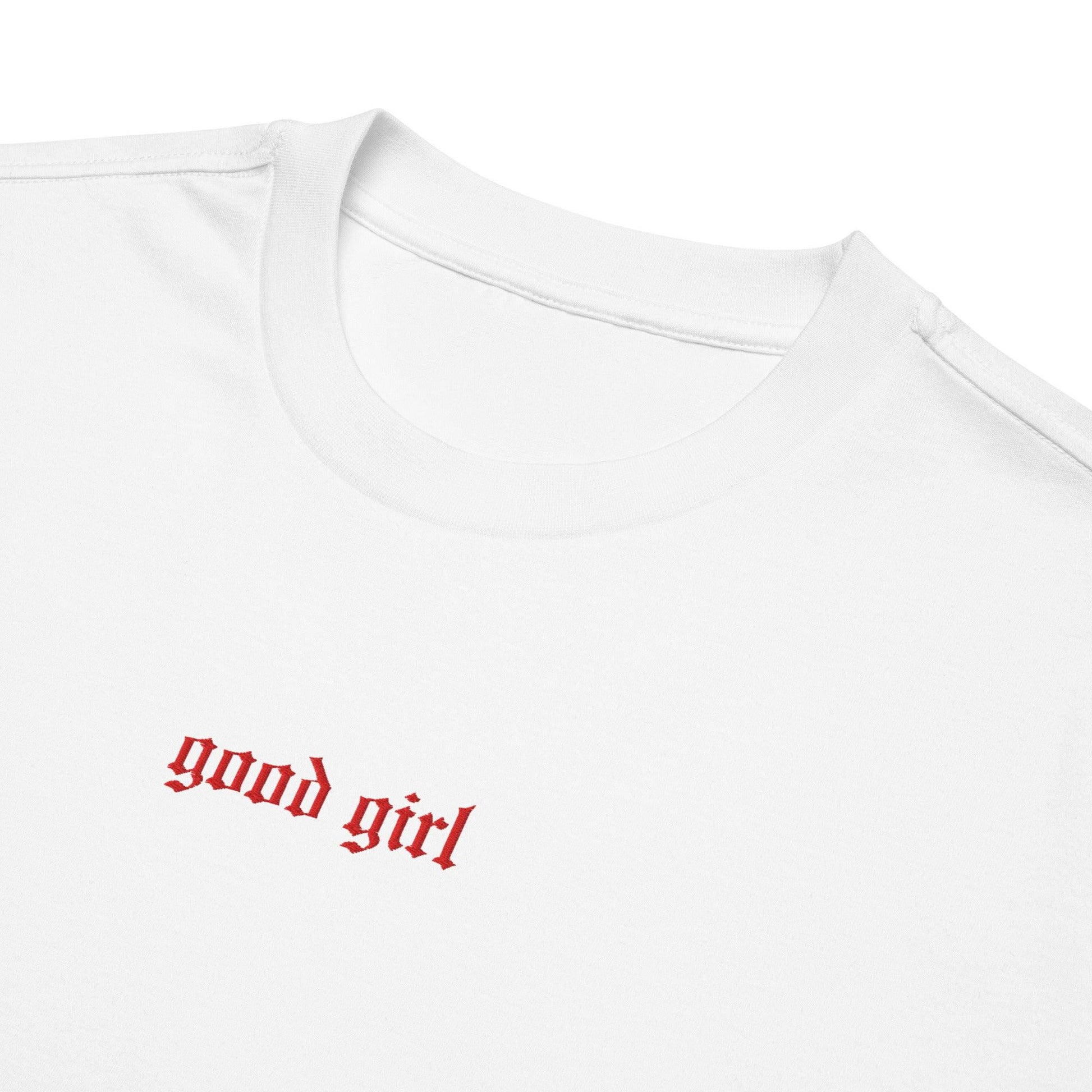 White embroidered good girl tee with red gothic lettering on chest by The Siq Collective