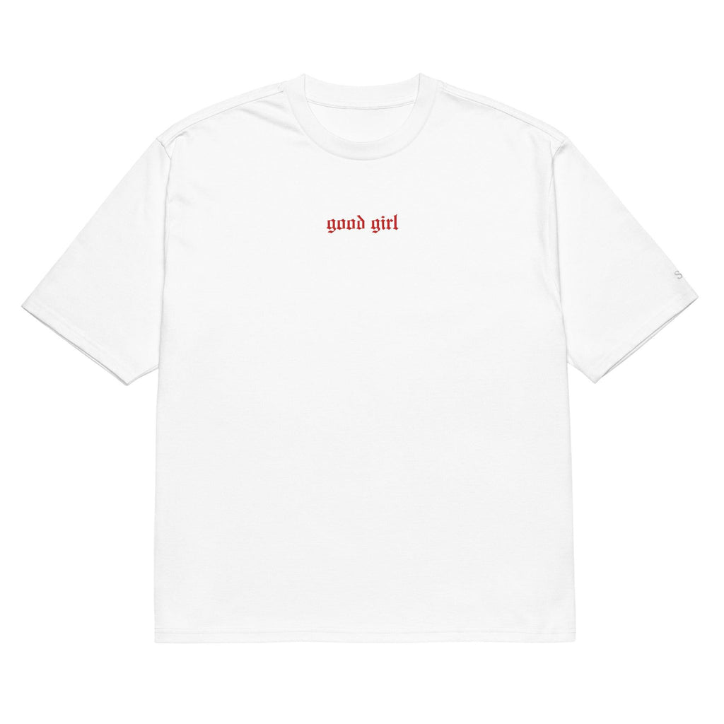 White embroidered good girl tee by The Siq Collective with red text on chest and a relaxed fit