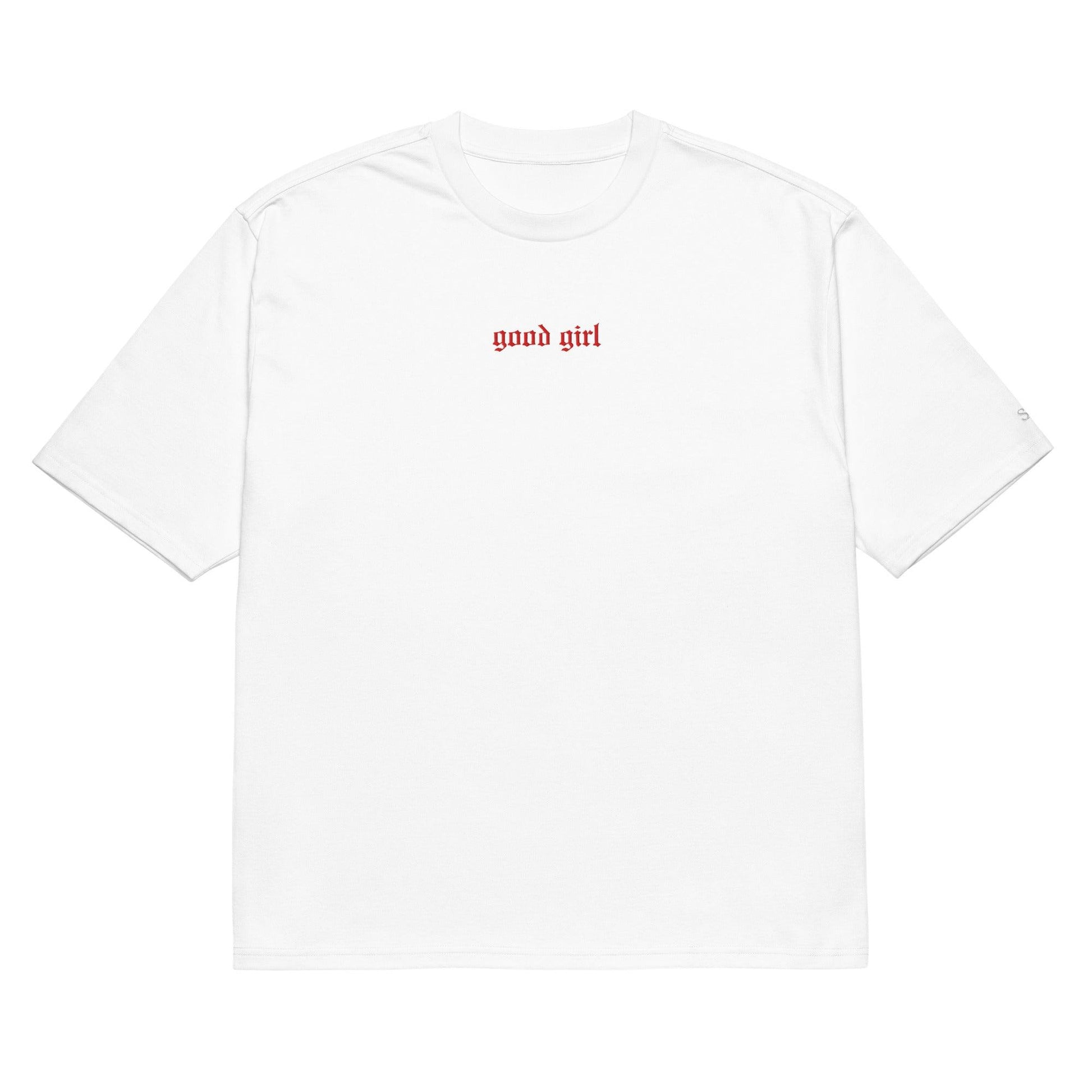 White embroidered good girl tee by The Siq Collective with red text on chest and a relaxed fit