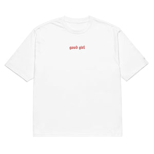 White embroidered good girl tee by The Siq Collective with red text on chest and a relaxed fit