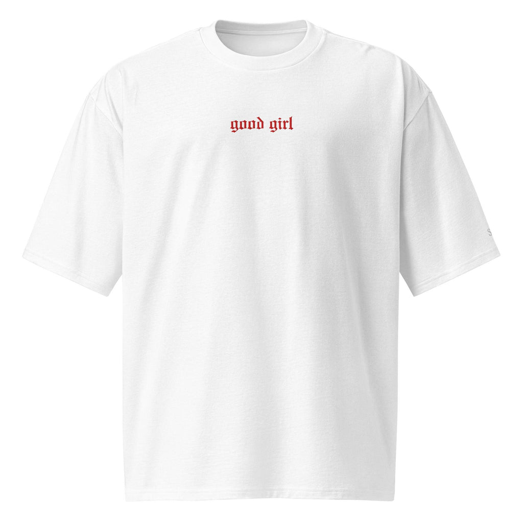 White embroidered good girl tee with red text on the chest by The Siq Collective