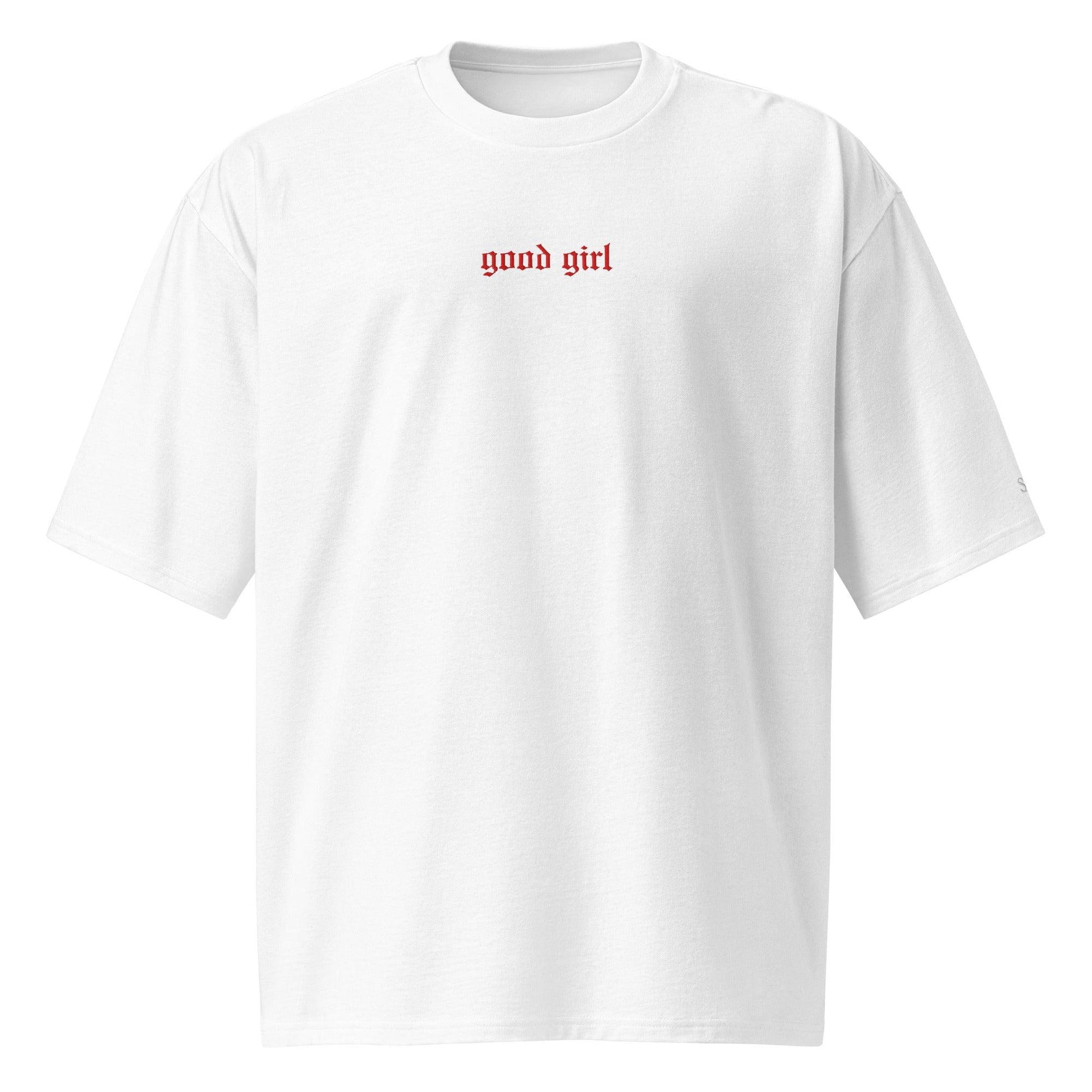 White embroidered good girl tee with red text on the chest by The Siq Collective