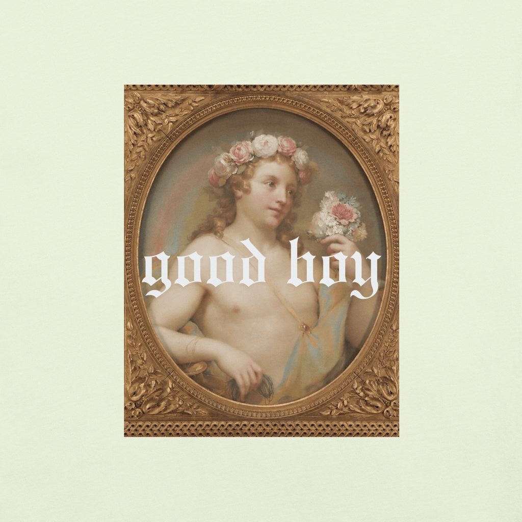 The Siq Collective good boy graphic organic tee with vintage painting and floral crown design