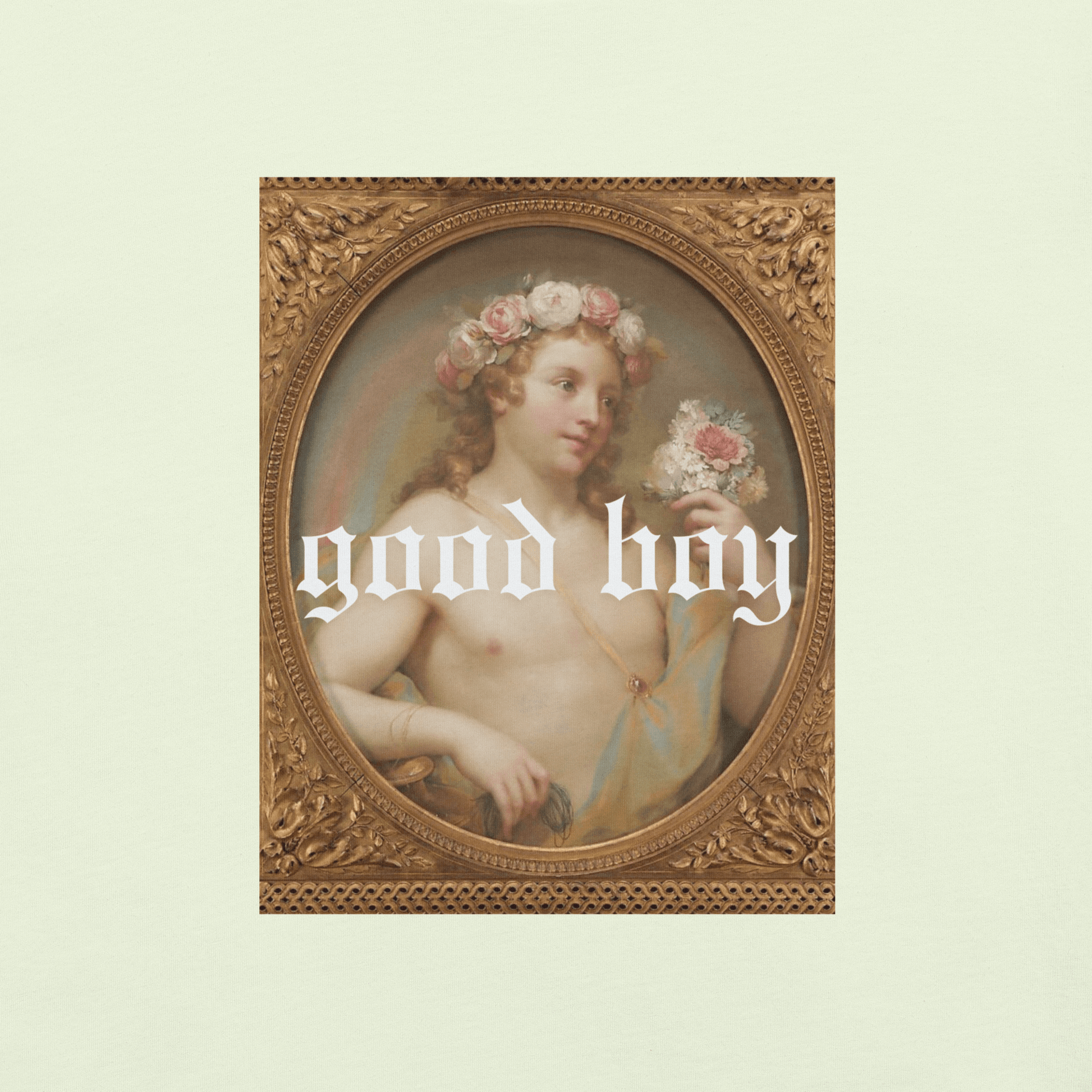 The Siq Collective good boy graphic organic tee with vintage painting and floral crown design