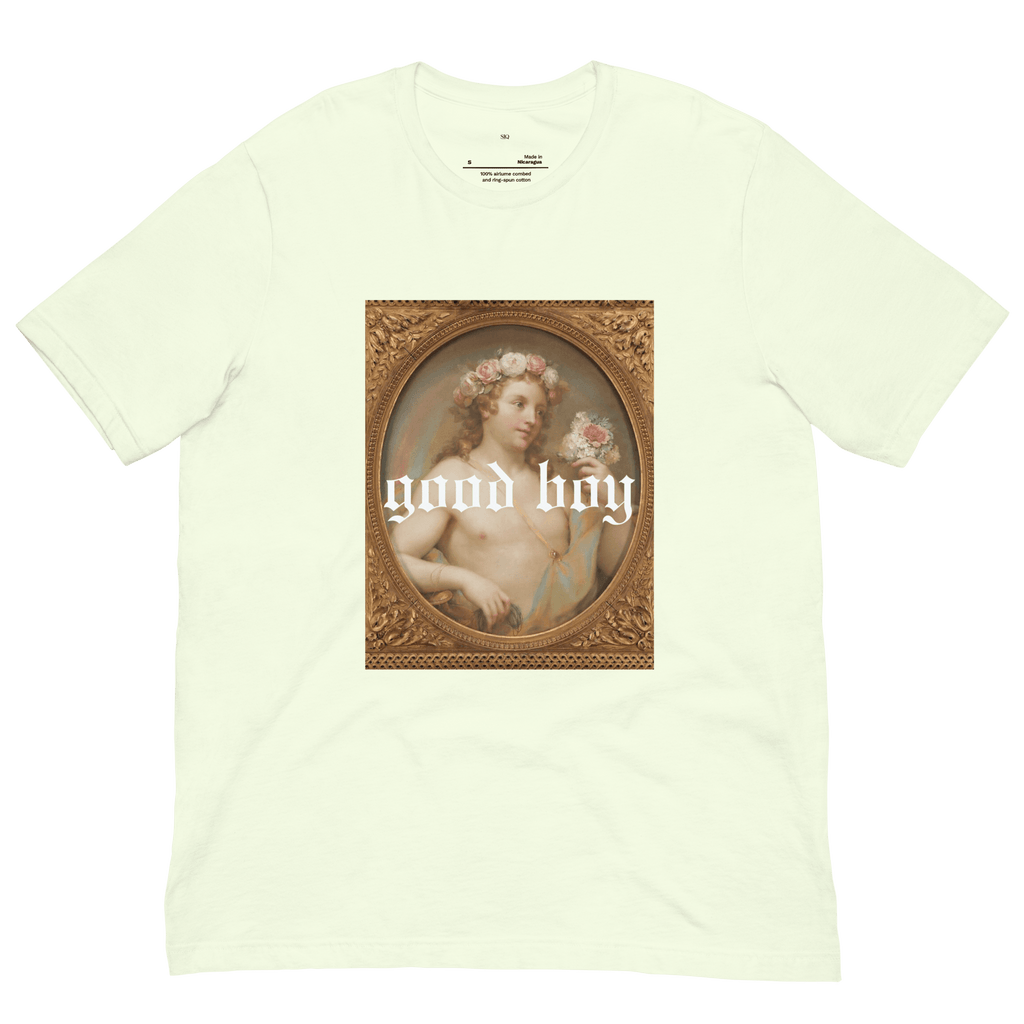 The Siq Collective good boy graphic organic tee with vintage art and floral crown on cream fabric