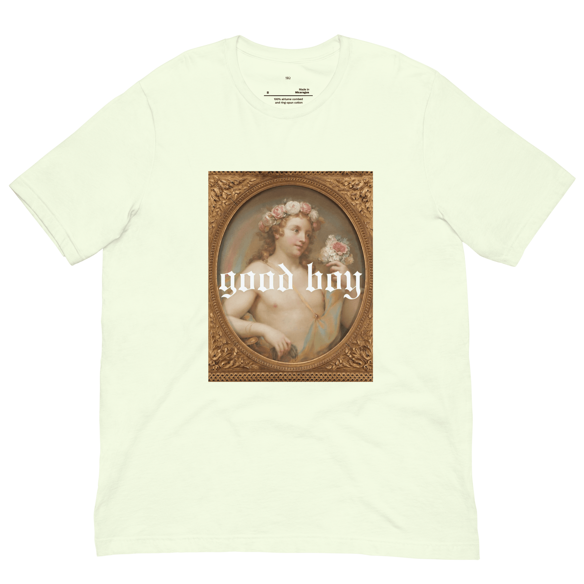 The Siq Collective good boy graphic organic tee with vintage art and floral crown on cream fabric