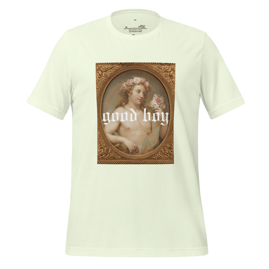 The Siq Collective good boy graphic organic tee featuring vintage classical painting with floral crown