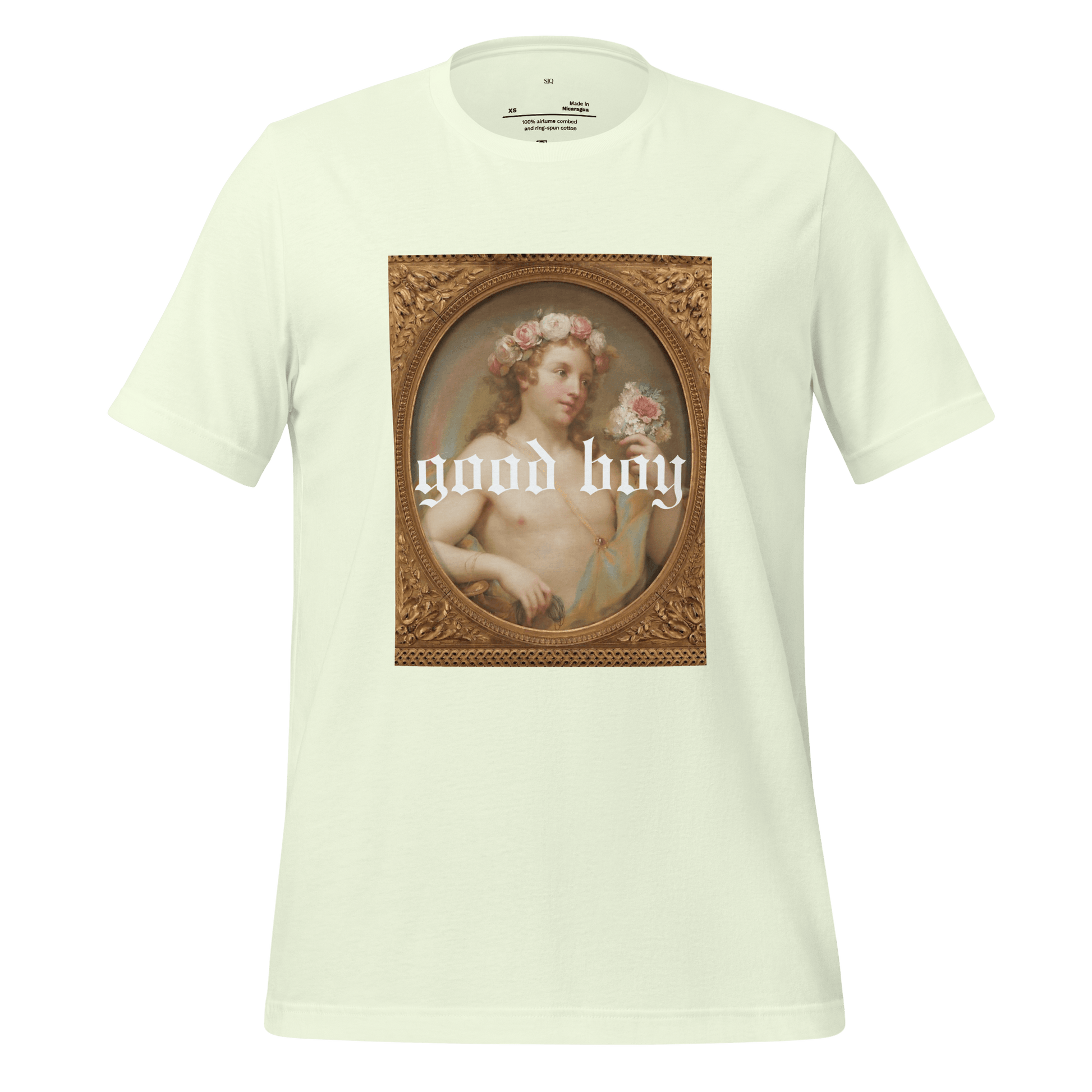 The Siq Collective good boy graphic organic tee featuring vintage classical painting with floral crown