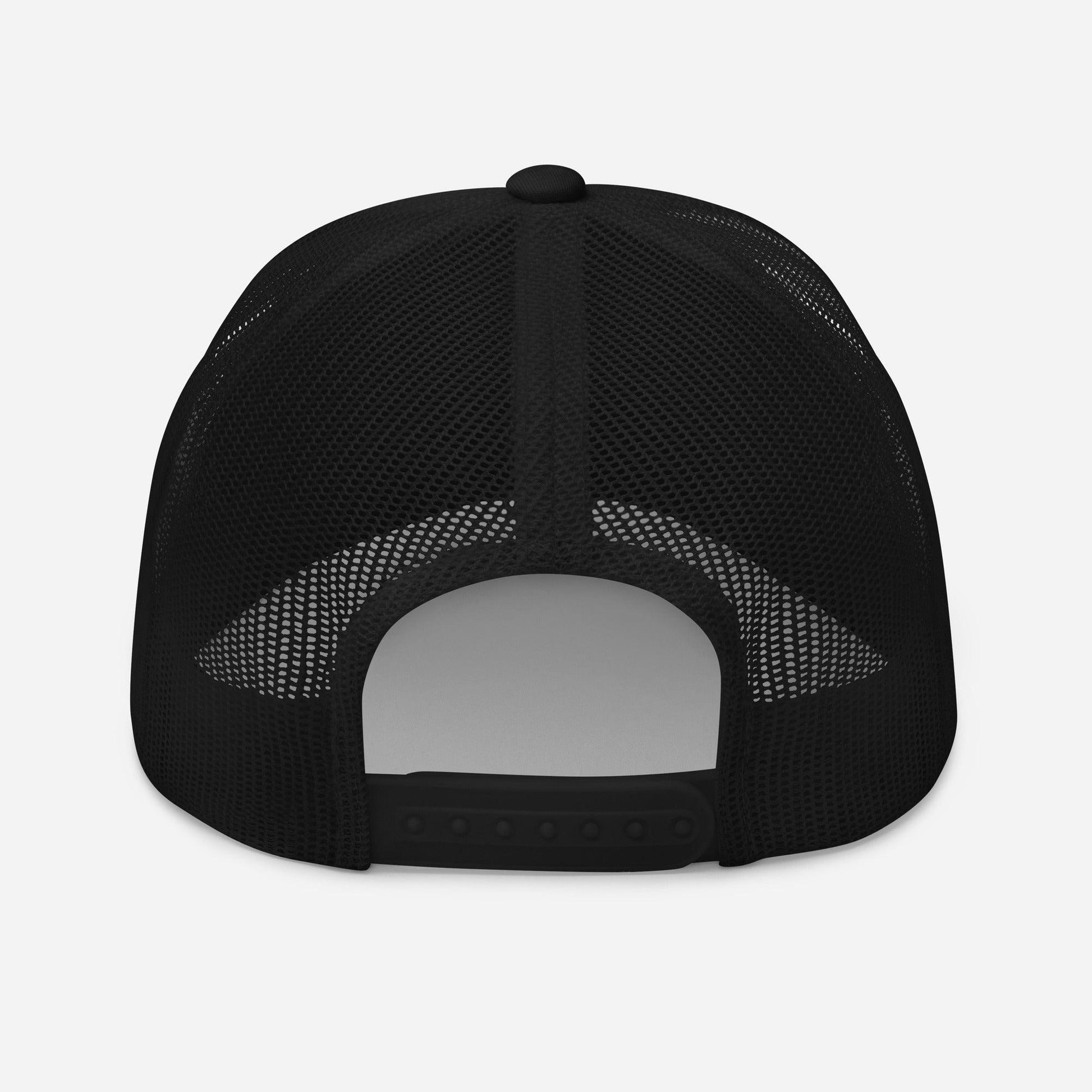 Back view of Good Boy Trucker Cap in After Midnight with black mesh and adjustable snapback strap