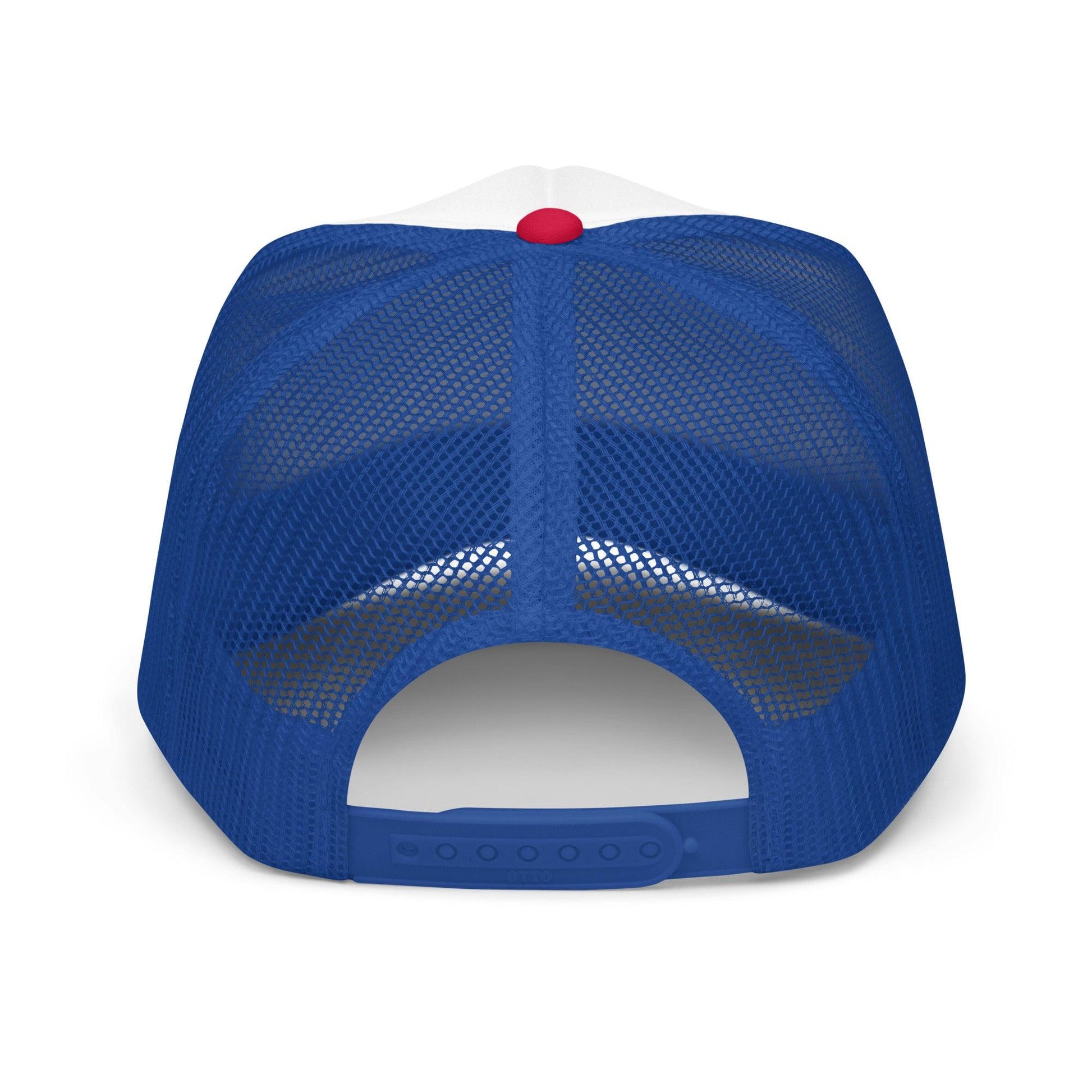 Back view of blue mesh good boy trucker hat with adjustable snapback closure from The Siq Collective