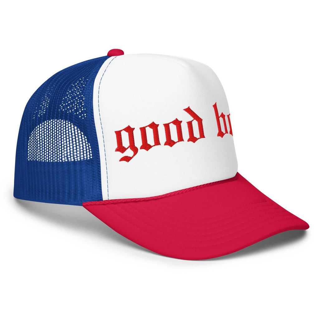 Good boy trucker hat with white front panel red text blue mesh back and red curved brim