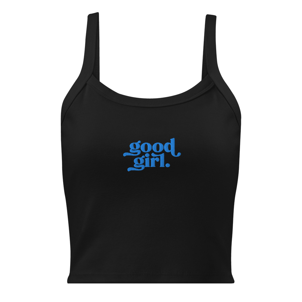 Black crop tank top with blue good girl text design by The Siq Collective Good Girl Baby Tank with Moonstone Icing