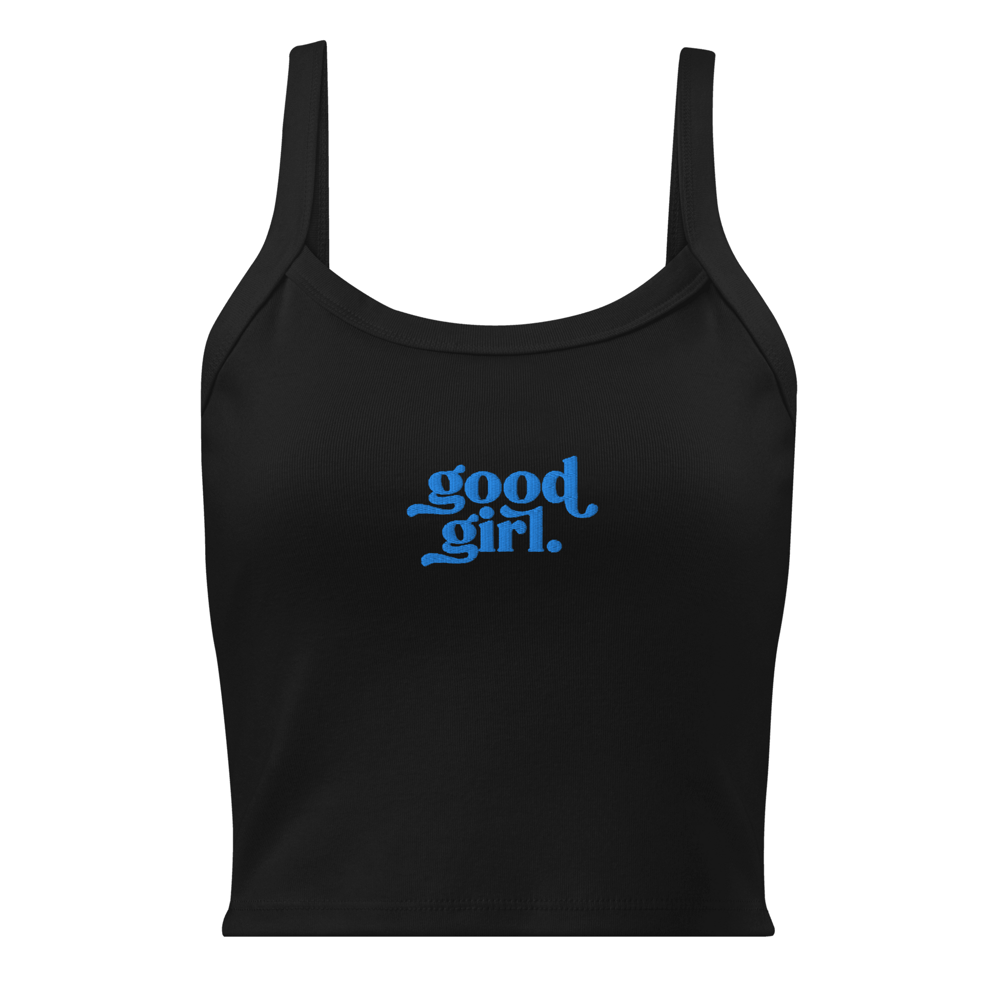 Black crop tank top with blue good girl text design by The Siq Collective Good Girl Baby Tank with Moonstone Icing