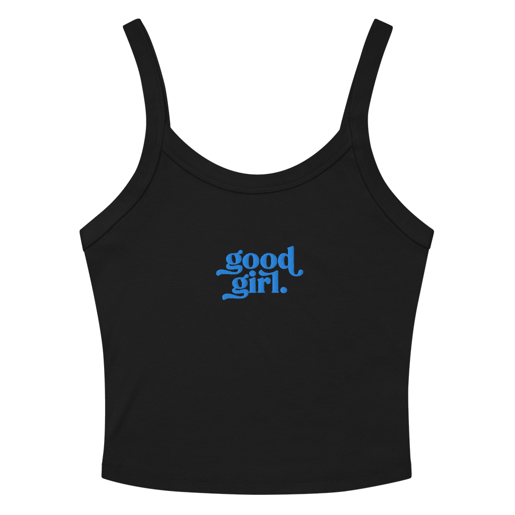 Good Girl Baby Tank with Moonstone Icing in black featuring blue good girl text on front