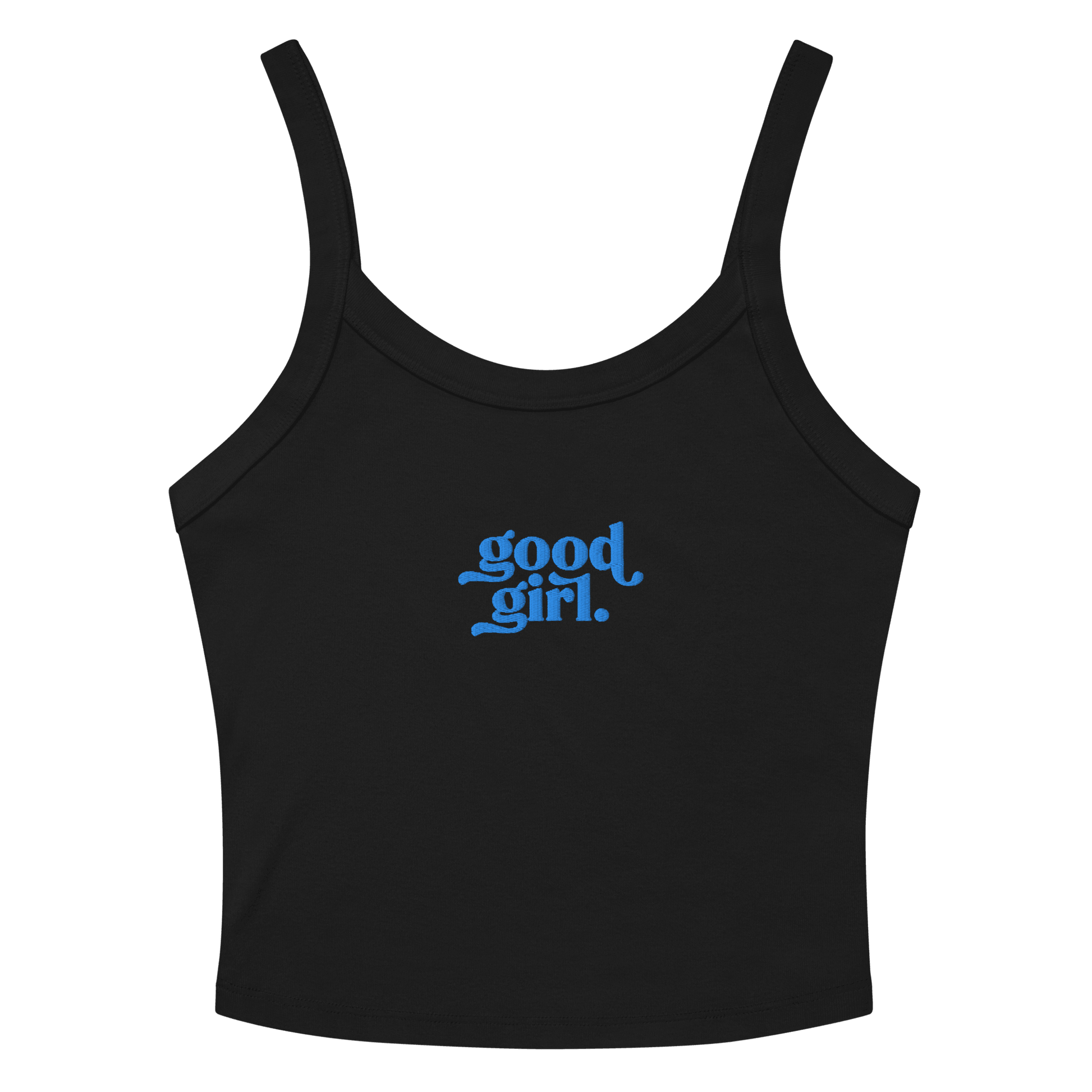 Good Girl Baby Tank with Moonstone Icing in black featuring blue good girl text on front