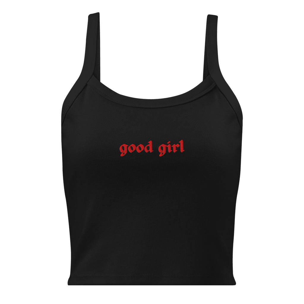 Good Girl Baby Tank with Red Icing black cropped tank top with red gothic text from The Siq Collective