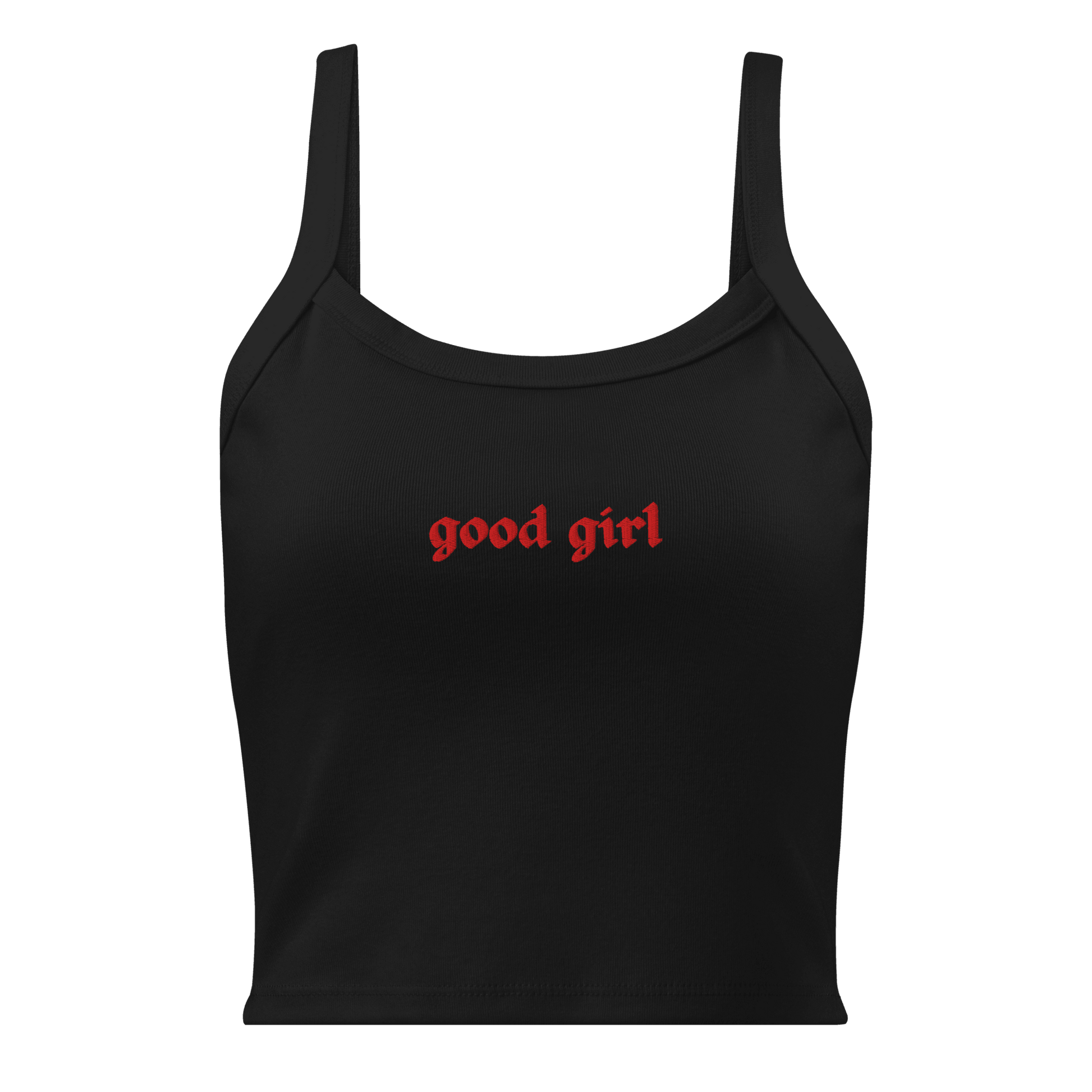 Good Girl Baby Tank with Red Icing black cropped tank top with red gothic text from The Siq Collective