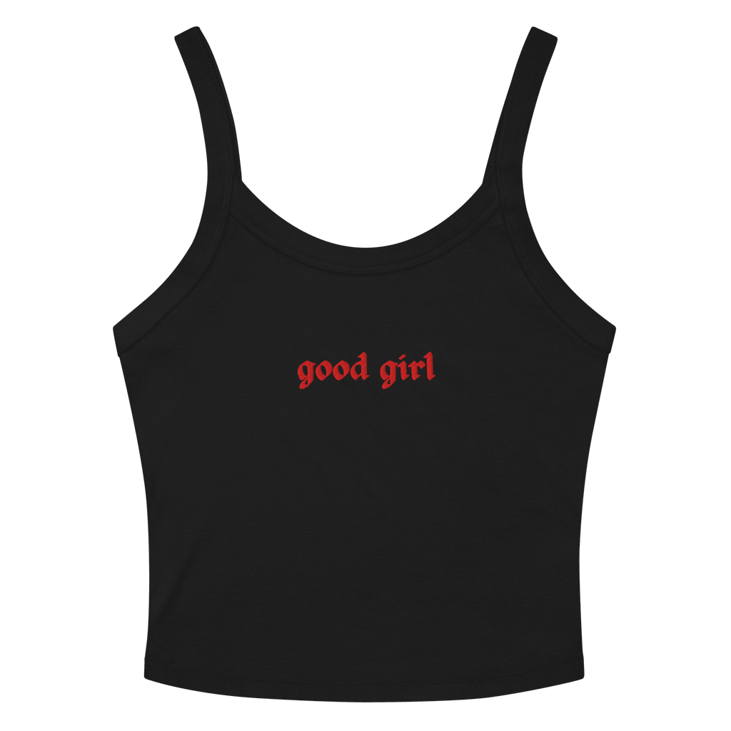 Good Girl Baby Tank with Red Icing text on black cropped tank top by The Siq Collective