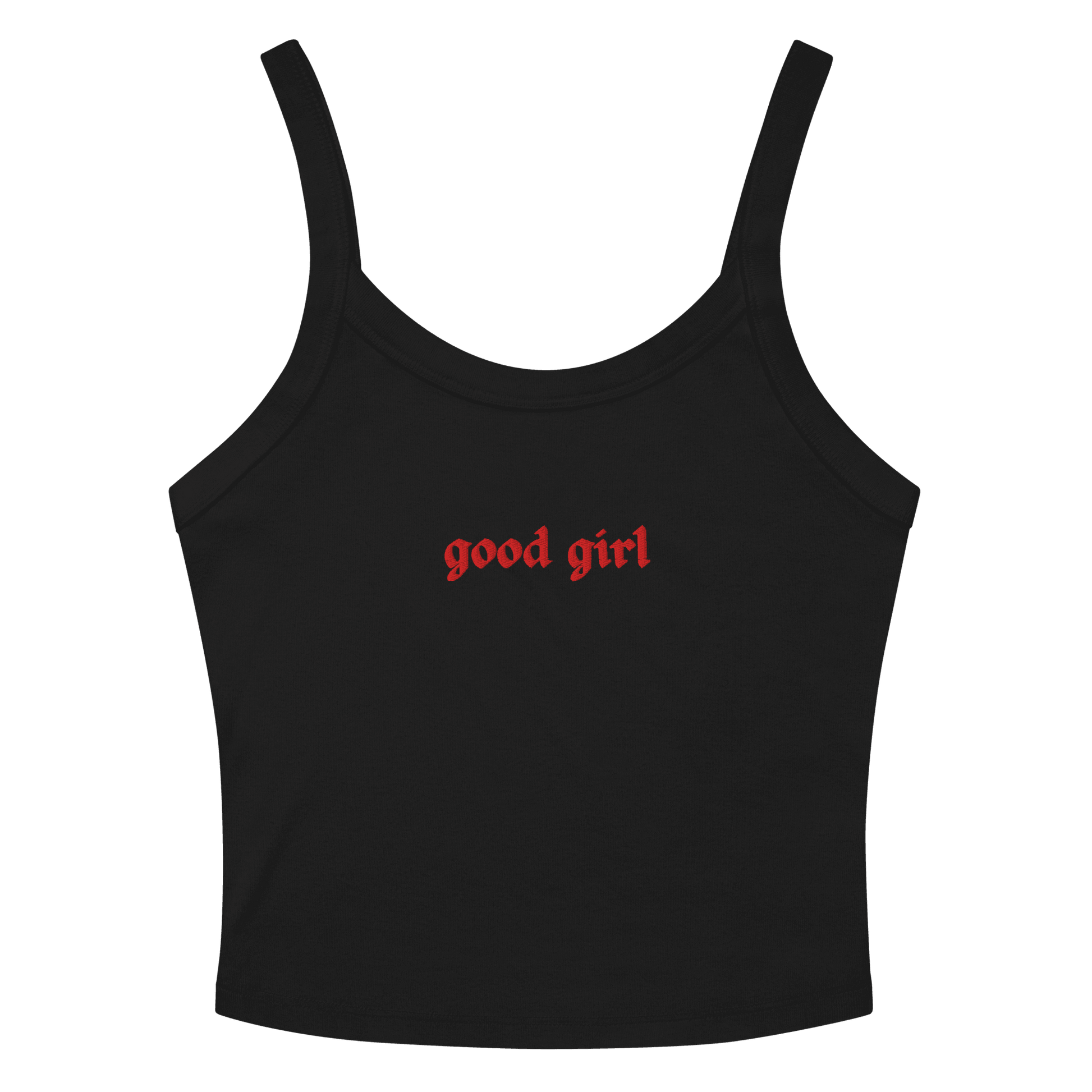 Good Girl Baby Tank with Red Icing text on black cropped tank top by The Siq Collective