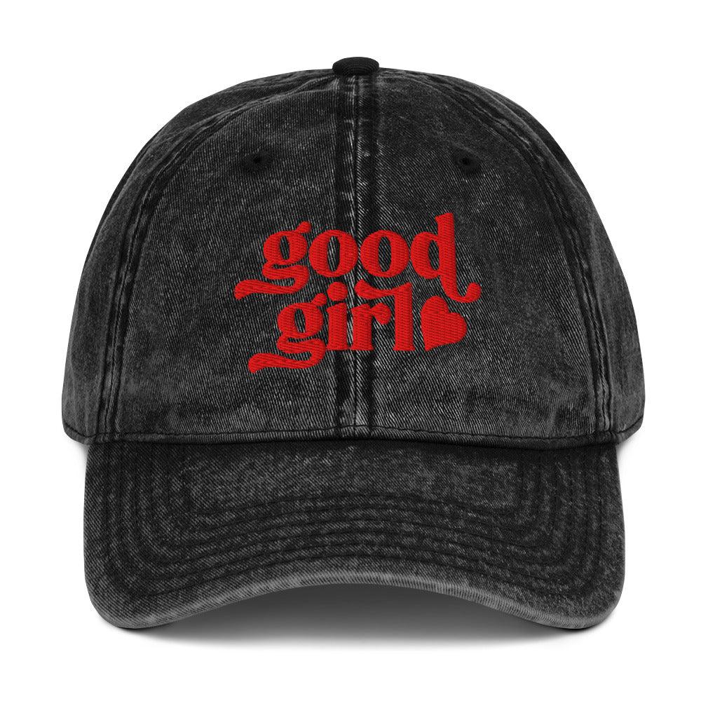 Good girl embroidered denim hat in black with red text and heart design by The Siq Collective