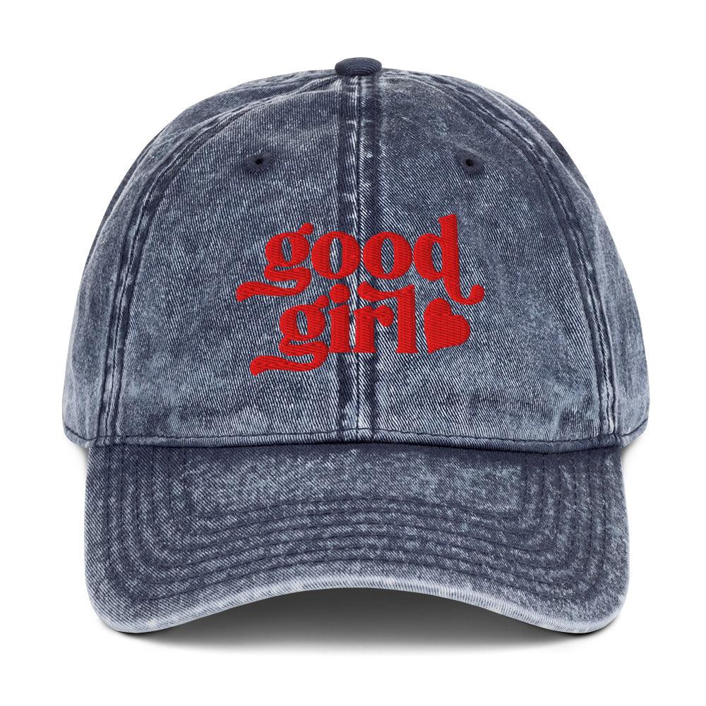 Good girl embroidered denim hat in washed blue with red lettering and heart design by The Siq Collective