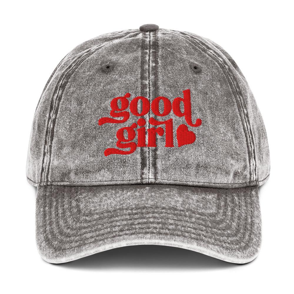 Good girl embroidered denim hat in faded gray with red script logo and heart detail