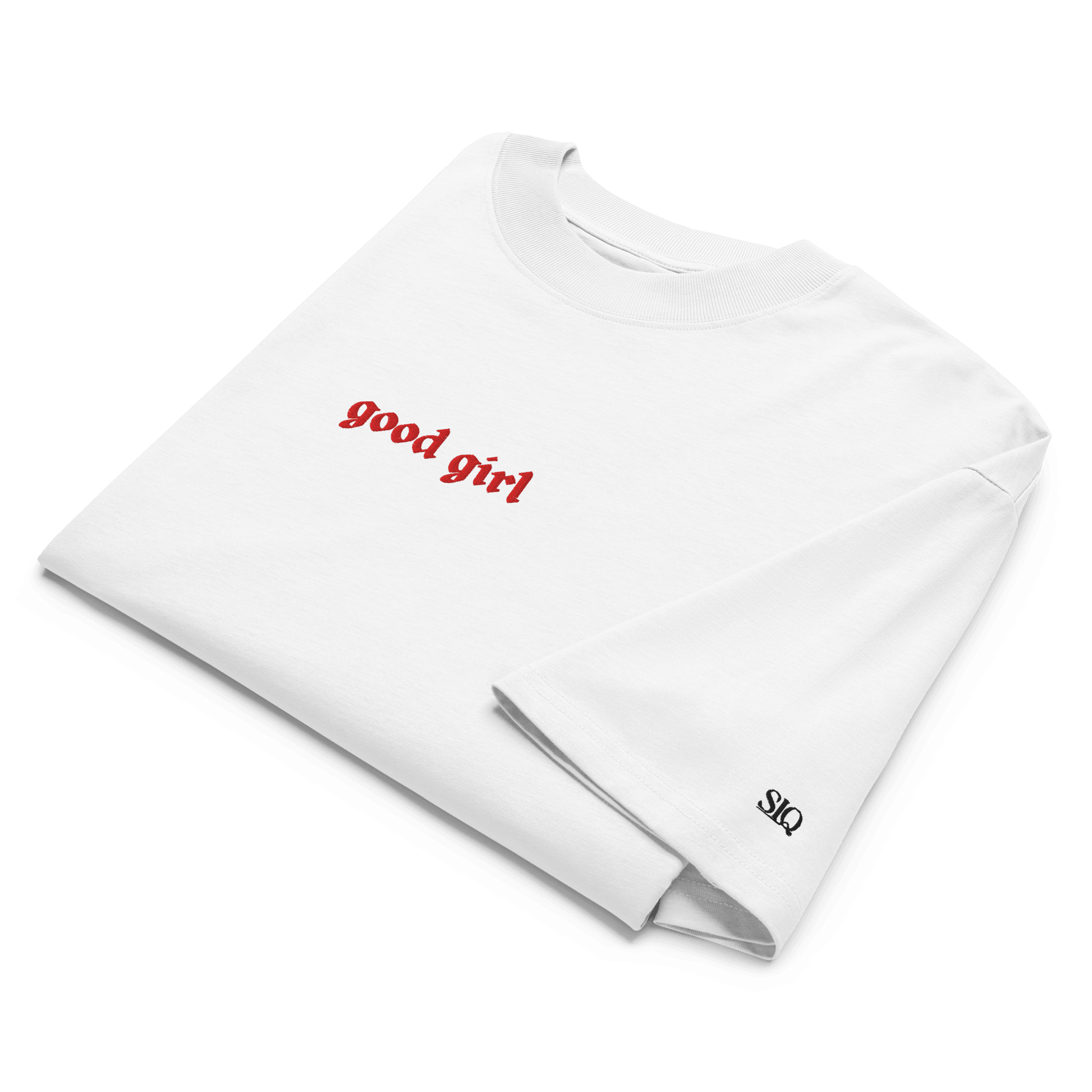 Good Girl Embroidered Oversized Organic Tee in Selenite white with red embroidery and Siq logo on sleeve
