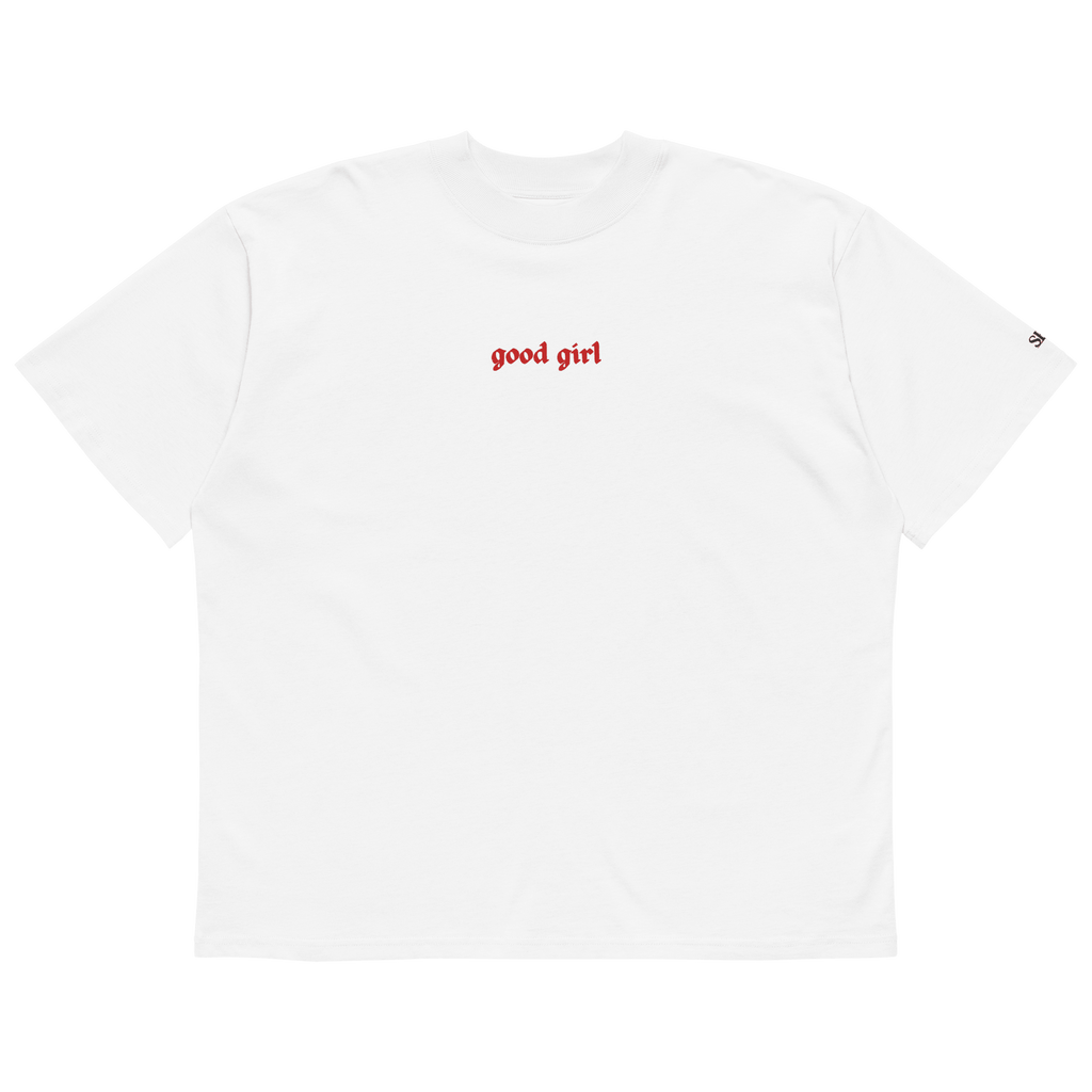 Good Girl Embroidered Oversized Organic Tee in Selenite with red text and relaxed fit flat lay
