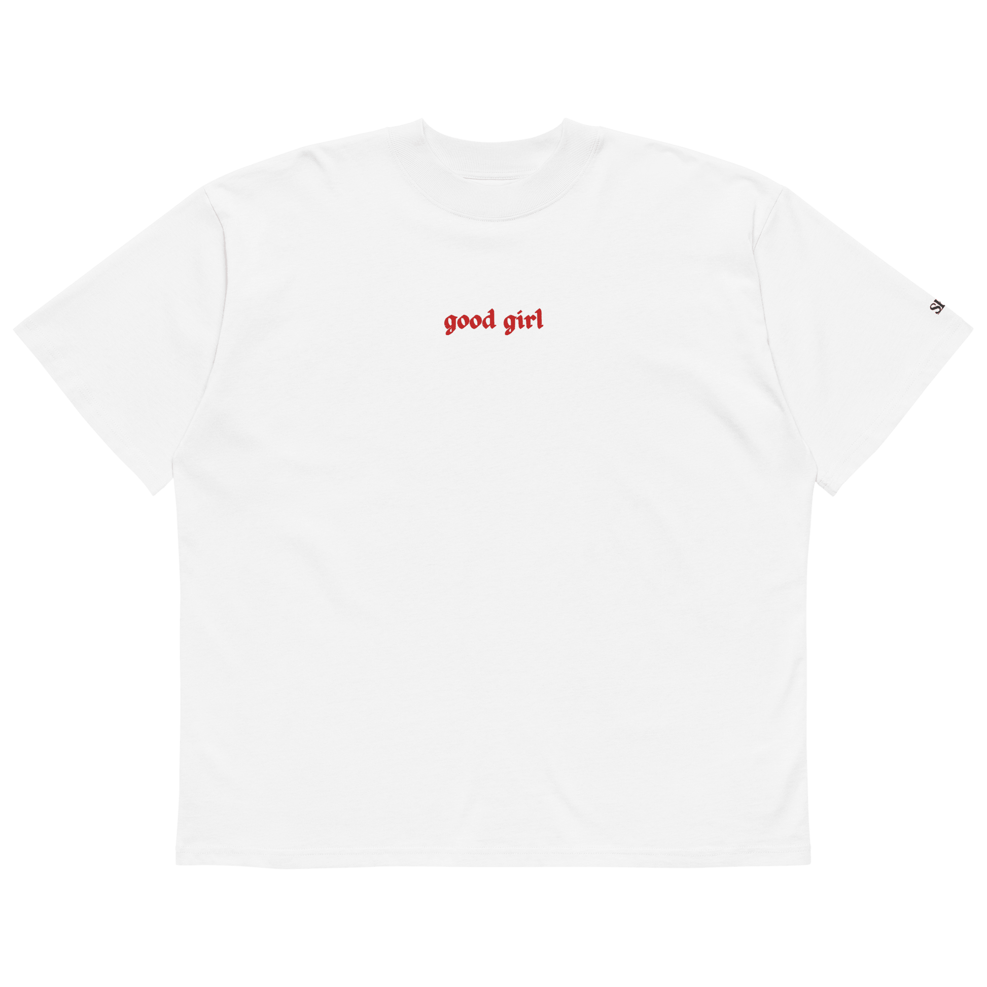 Good Girl Embroidered Oversized Organic Tee in Selenite with red text and relaxed fit flat lay