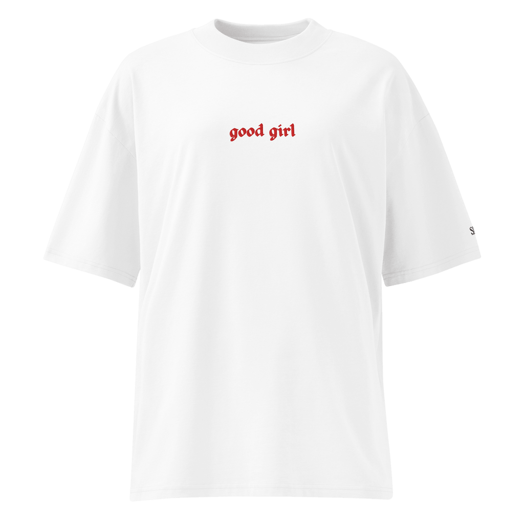 Good Girl Embroidered Oversized Organic Tee in Selenite white t-shirt with red lettering from The Siq Collective