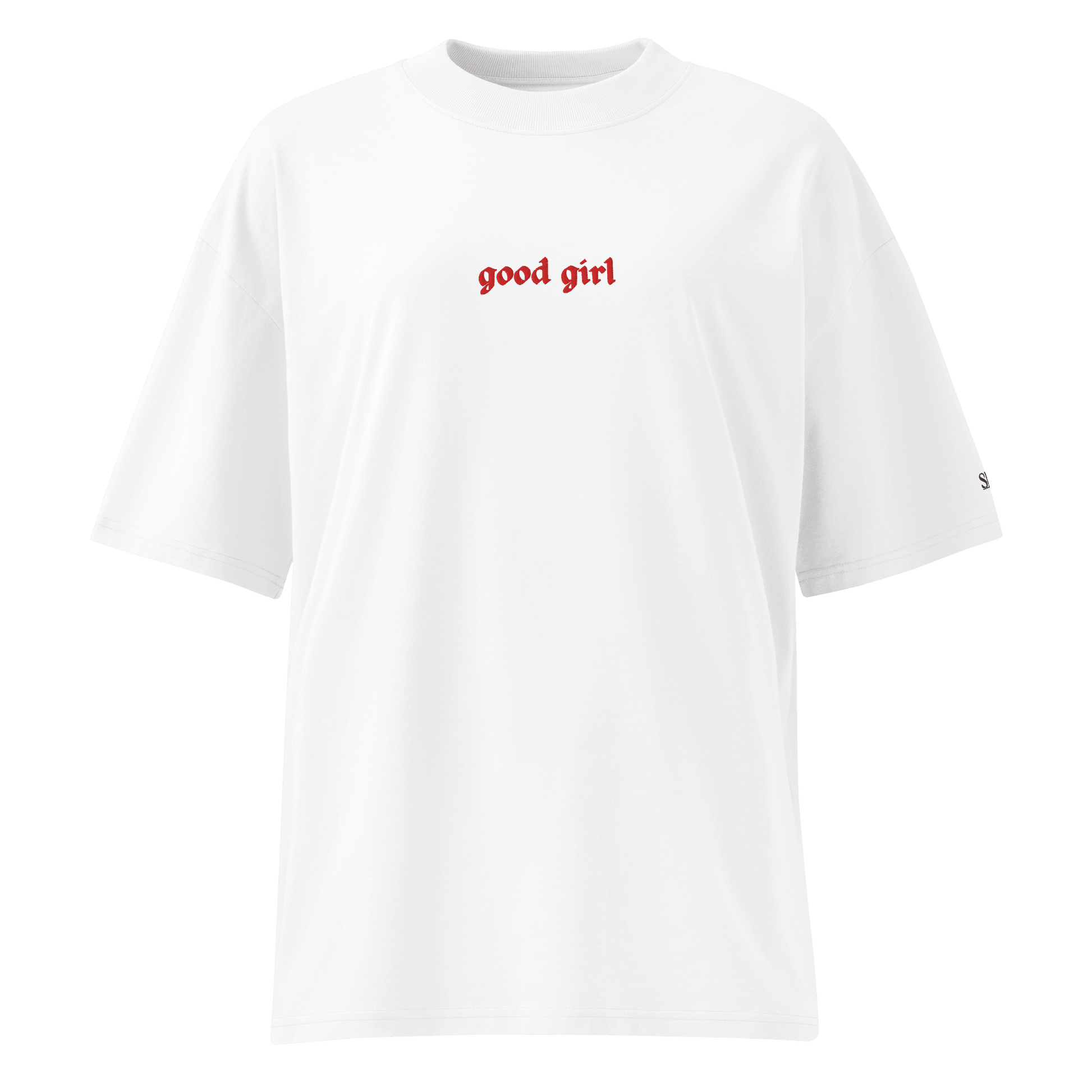 Good Girl Embroidered Oversized Organic Tee in Selenite white t-shirt with red lettering from The Siq Collective