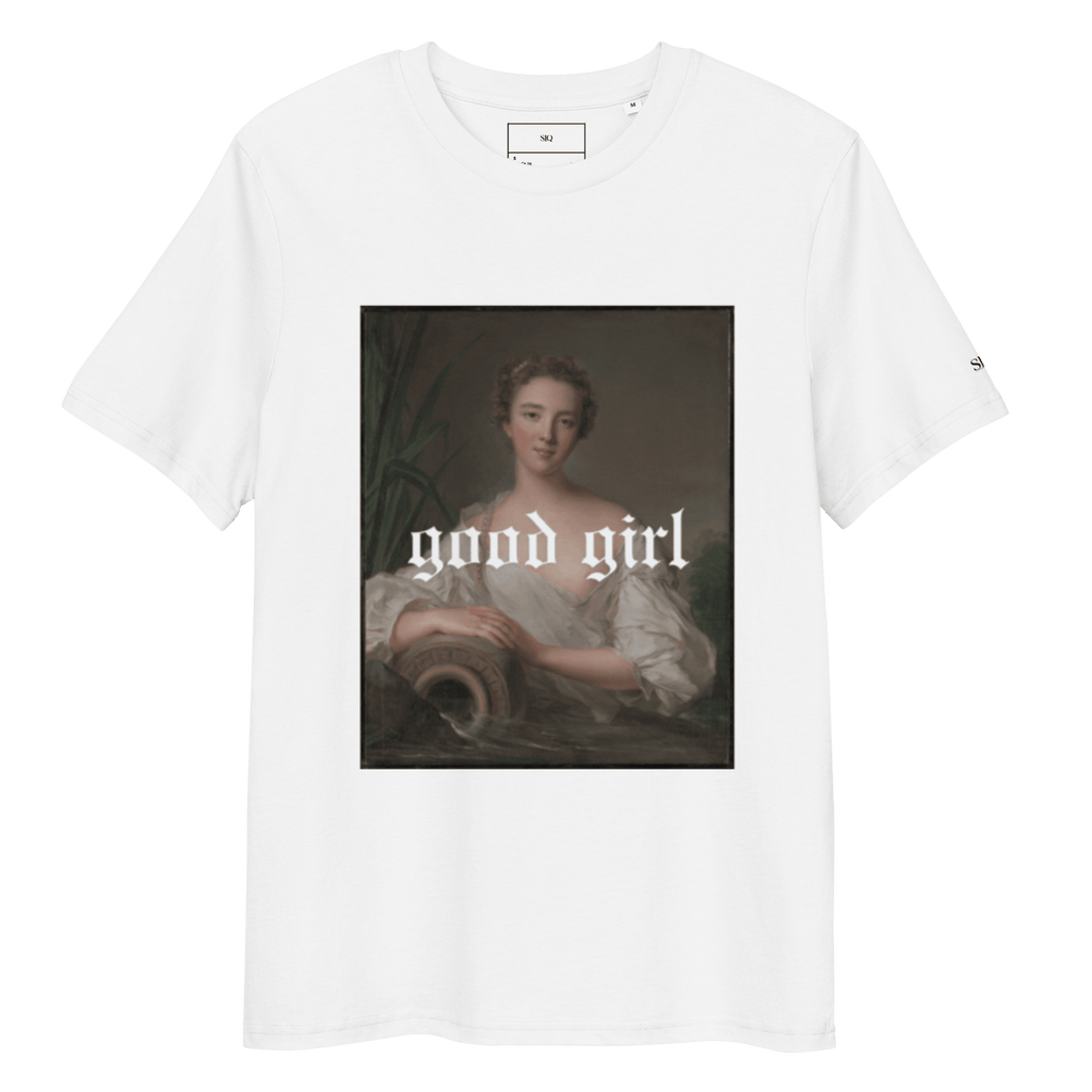 White t-shirt by The Siq Collective featuring a vintage portrait with good girl graphic graphic tee text