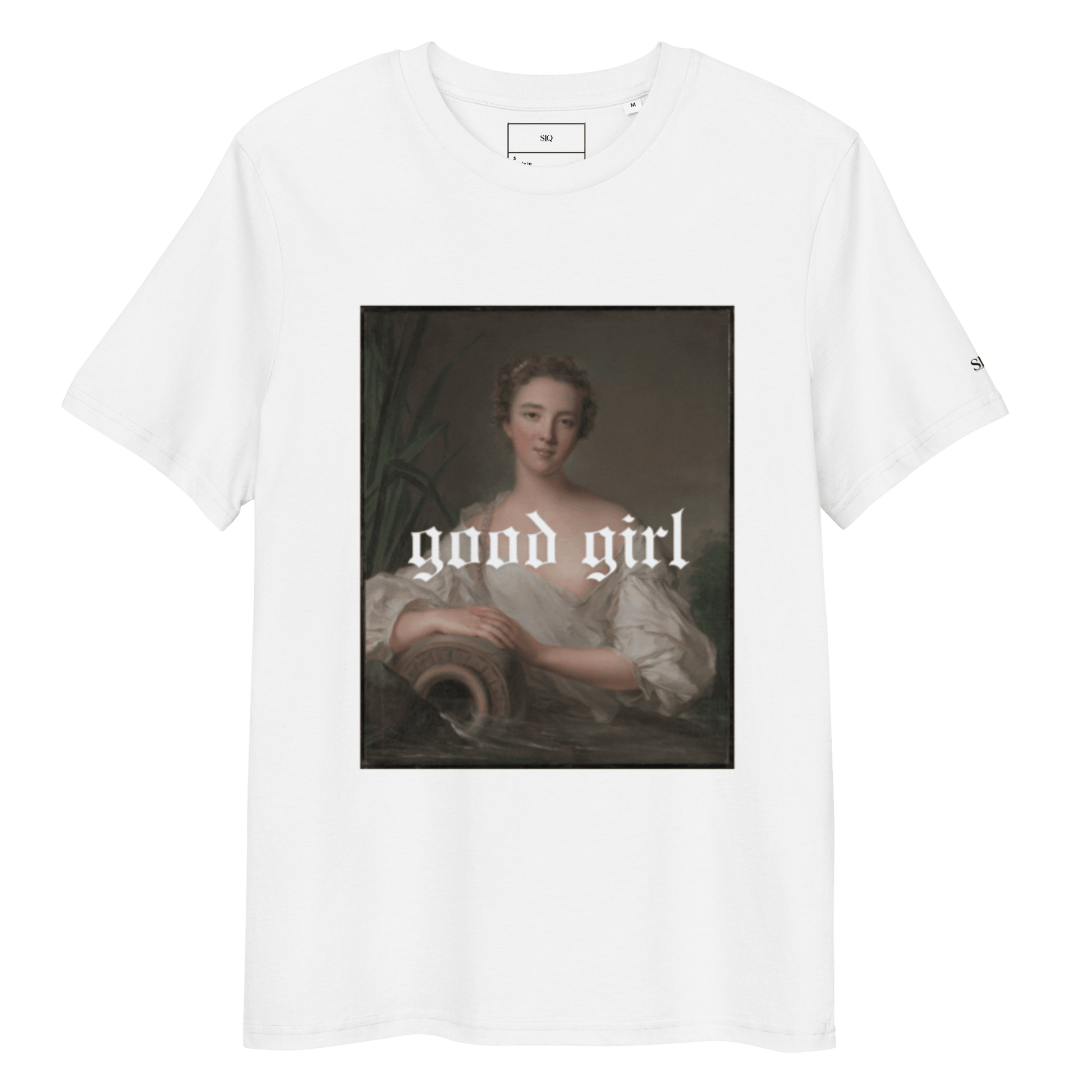 White t-shirt by The Siq Collective featuring a vintage portrait with good girl graphic graphic tee text